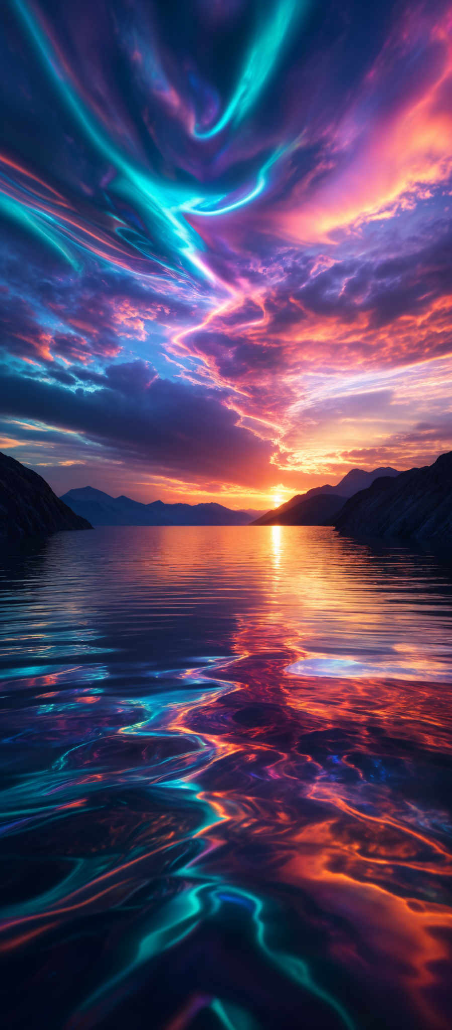 The image showcases a breathtaking view of a serene landscape during sunset. The sky is painted with vibrant hues of blue, purple, pink, and orange, with swirling patterns that give an ethereal feel. The sun is setting on the horizon, casting a golden glow over the water. The water reflects the colors of the sky, creating a mirror-like effect. In the foreground, there are rugged mountains, silhouetted against the fiery backdrop. The entire scene exudes a sense of tranquility and awe.