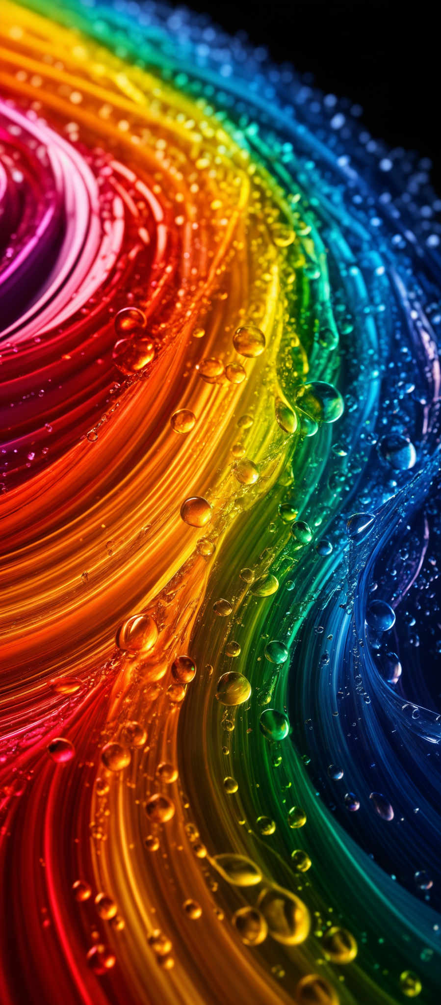 The image showcases a vibrant and colorful swirl of liquid, resembling a fluid or paint. The colors range from deep reds and oranges to bright blues and greens. The swirls are smooth and flowing, creating a sense of movement. Water droplets are scattered throughout the image, reflecting light and adding a shimmering effect. The overall composition is visually captivating, with the interplay of colors and the reflective quality of the dropleTS creating a dynamic and mesmerizing visual experience.