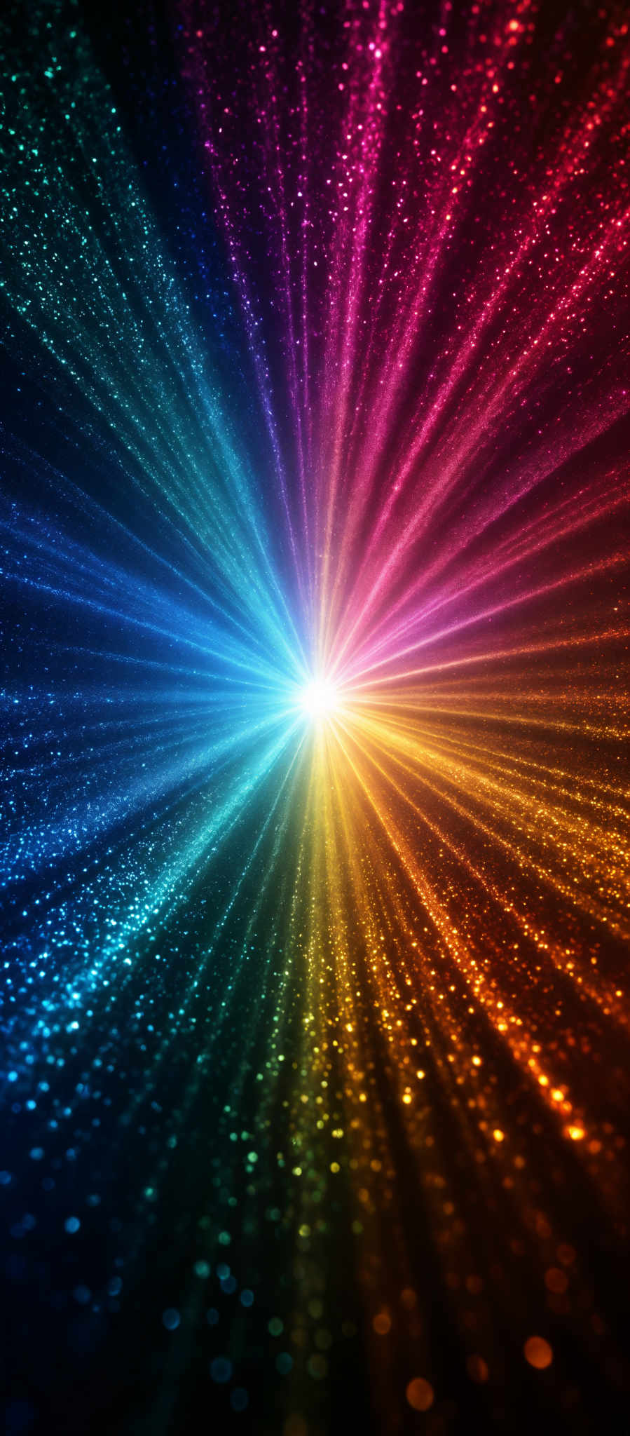 The image showcases a vibrant and radiant explosion of colors. It features a spectrum of colors ranging from deep blues and purples at the top to fiery oranges and reds at the bottom. The central point of the image emits a bright white light, radiating outwards in all directions. The overall shape resembles a burst or explosion, giving the impression of a powerful force or energy emanating from the center.