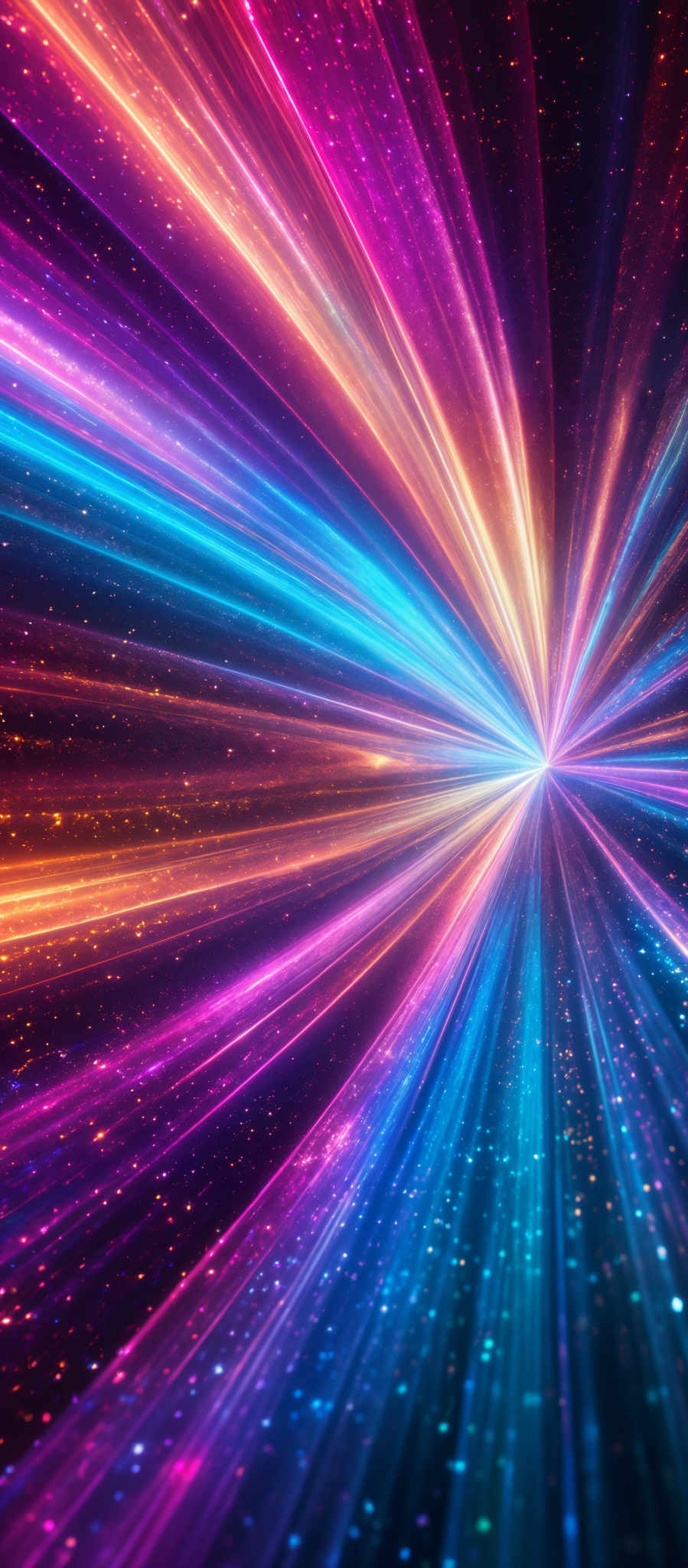 The image showcases a vibrant and mesmerizing display of colors. The central part of the image radiates a bright light, emanating a spectrum of colors including pink, blue, orange, and purple. These colors appear to be streaking outwards in radial patterns, creating an effect reminiscent of a cosmic explosion or a radiant star. The background is dark, with specks of light scattered throughout, giving the impression of a starry night or a distant galaxy.