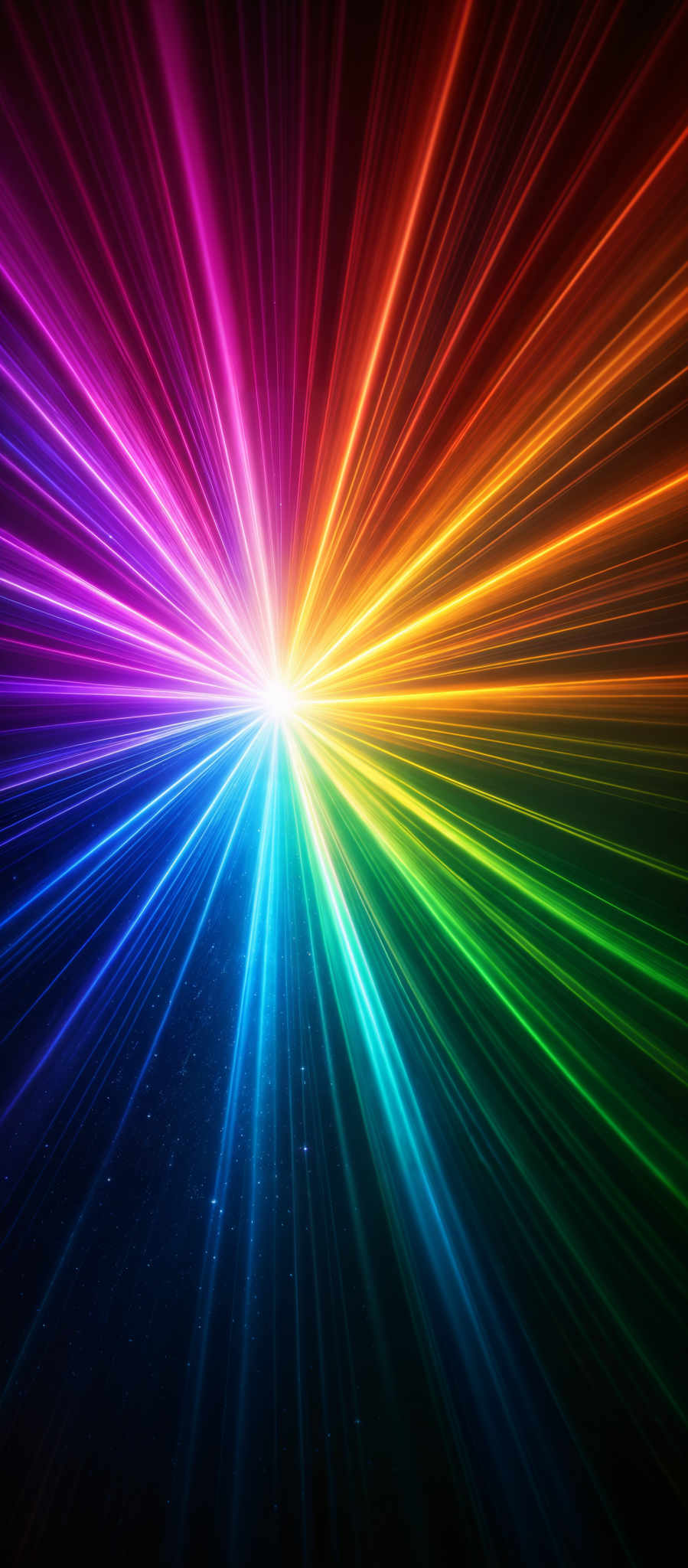 The image showcases a vibrant and radiant display of colors. It features a central point emitting a bright light, surrounded by a spectrum of colors that radiate outwards in a radial pattern. The colors transition smoothly from one hue to another, creating a mesmerizing effect. The background is dark, which accentuates the brightness and vividness of the colors.