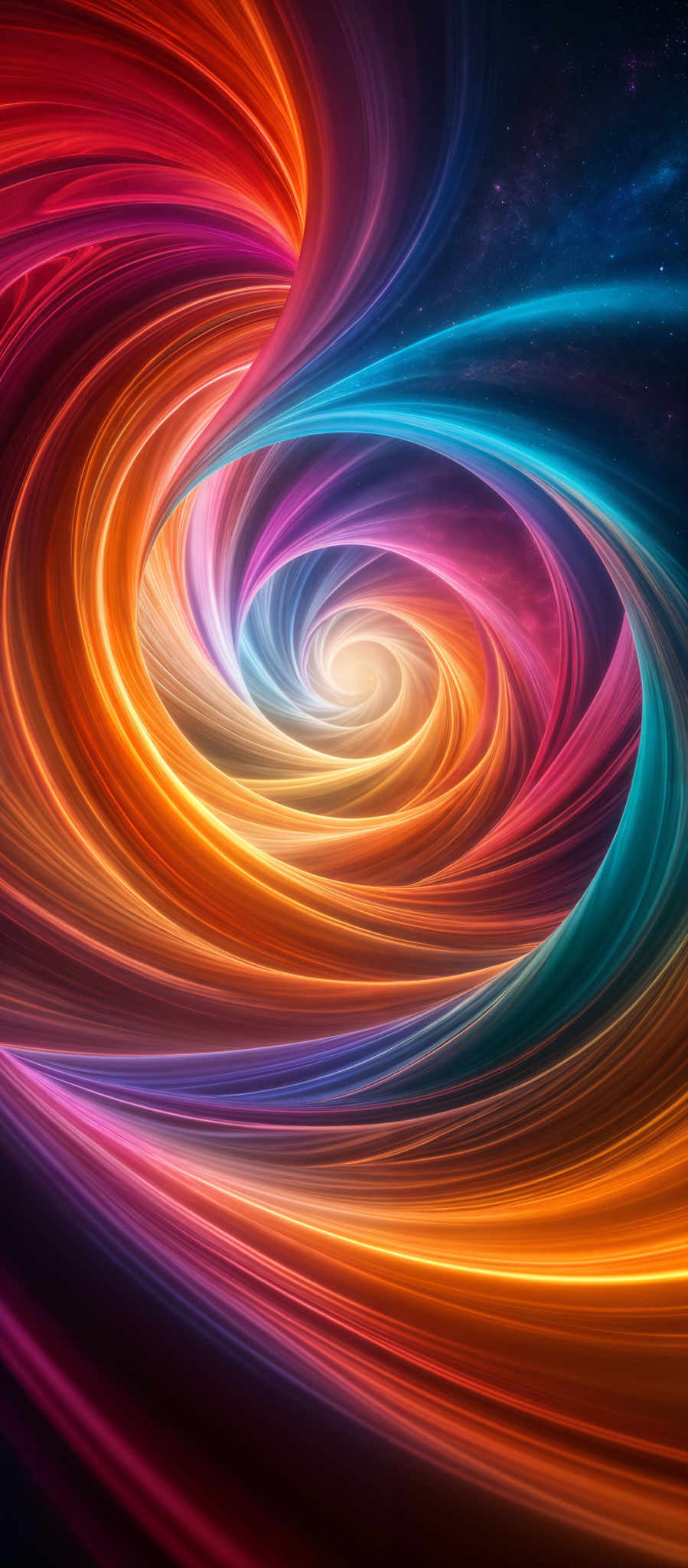 The image showcases a vibrant and mesmerizing swirl of colors. The central focus is a spiral, reminiscent of a vortex or whirlpool, with each twist and turn emanating a different hue. The colors range from deep reds and oranges to bright blues and purples, creating a dynamic contrast. The swirls are smooth and flowing, giving the impression of movement and energy. The background is dark, possibly representing space, with specks of light, possibly stars, adding depth and dimension to the scene.