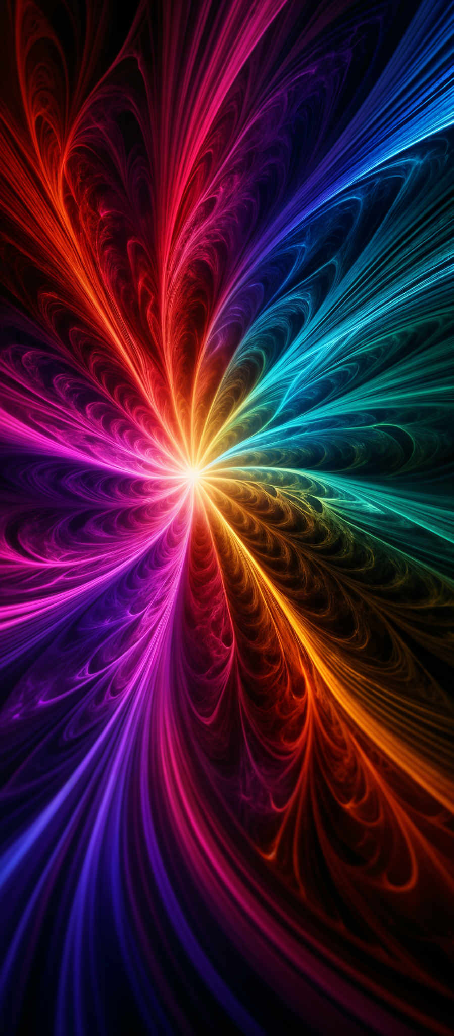 The image showcases a vibrant and mesmerizing fractal design. It features a burst of colors, predominantly red, blue, and green, radiating outwards in a symmetrical pattern. The design is intricate, with swirling patterns and curves that give it a dynamic and flowing appearance. The colors transition smoothly from one hue to another, creating a visually stunning effect.