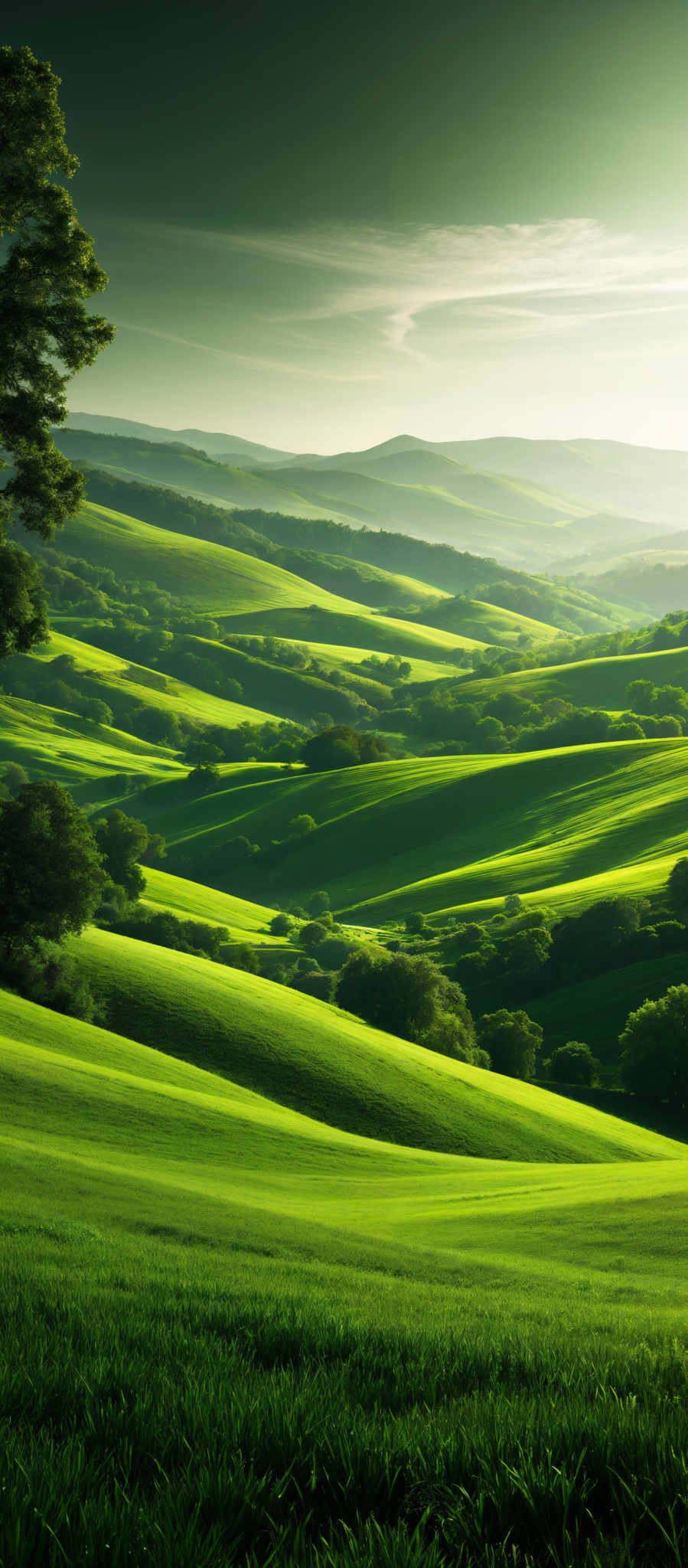 The image showcases a breathtaking landscape of rolling hills covered in lush green grass. The hills are bathed in a soft, golden light, possibly from the setting or rising sun. The foreground features a vast expanse of verdant grass, while the mid-ground reveals undulating fields with varying shades of green. The background is dominated by distant hills and mountains, partially obscured by a haze. The sky above is a mix of dark and light clouds, suggesting an impending change in weather.