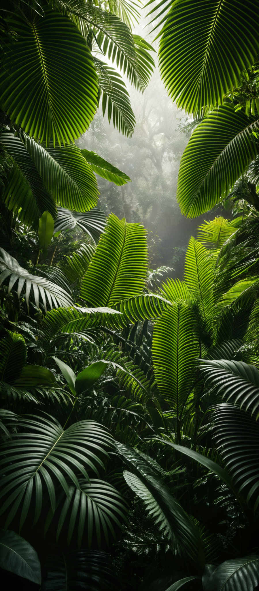 The image showcases a lush, verdant jungle scene. Dominating the foreground are large, vibrant green palm fronds with distinct veins. These fronds vary in shape, with some being broad and fan-like, while others are more slender and elongated. The background is slightly misty, giving the image a serene and ethereal quality. The mist obscures the details of the trees and foliage further back, creating a sense of depth and mystery.