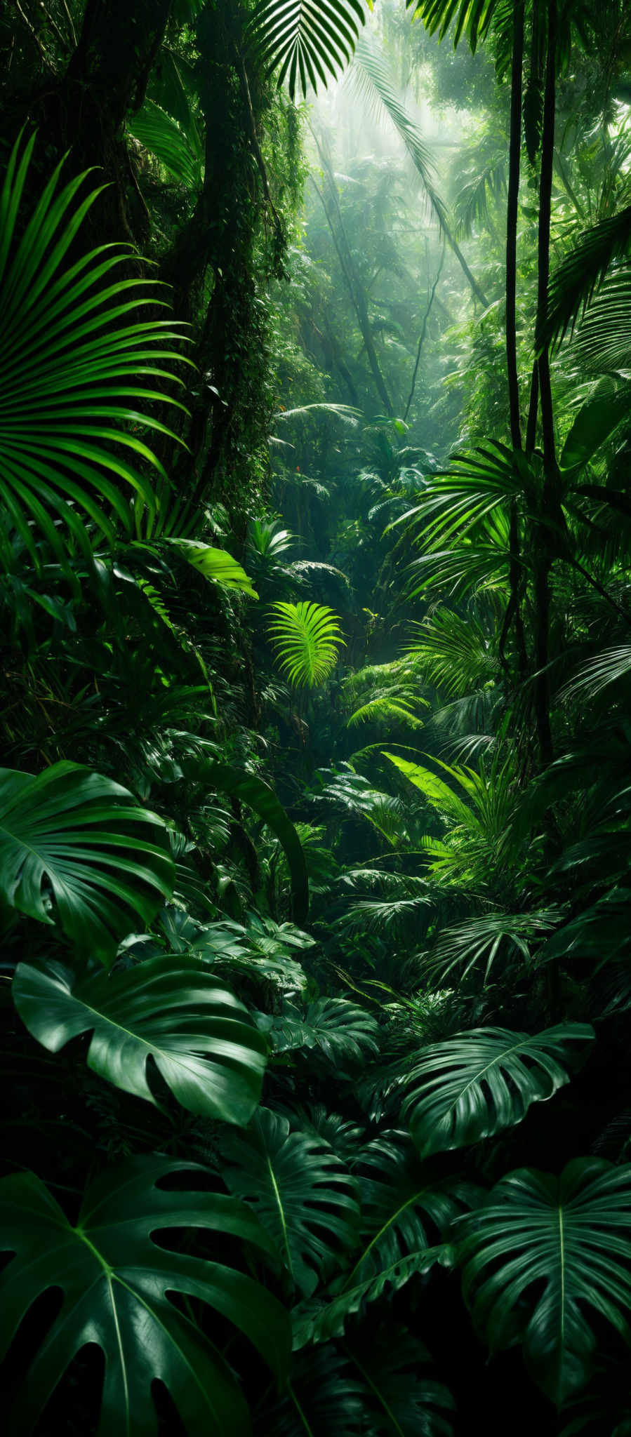 The image showcases a lush, verdant jungle. Dominating the scene are large, vibrant green leaves, some of which have distinctive holes in their centers. The leaves vary in shape, with some resembling palm fronds and others having a more elongated, feathery appearance. The background is slightly misty, adding a sense of depth and mystery to the scene. Sunlight filters through the canopy, casting dappled light on the forest floor, creating a serene and ethereal atmosphere.