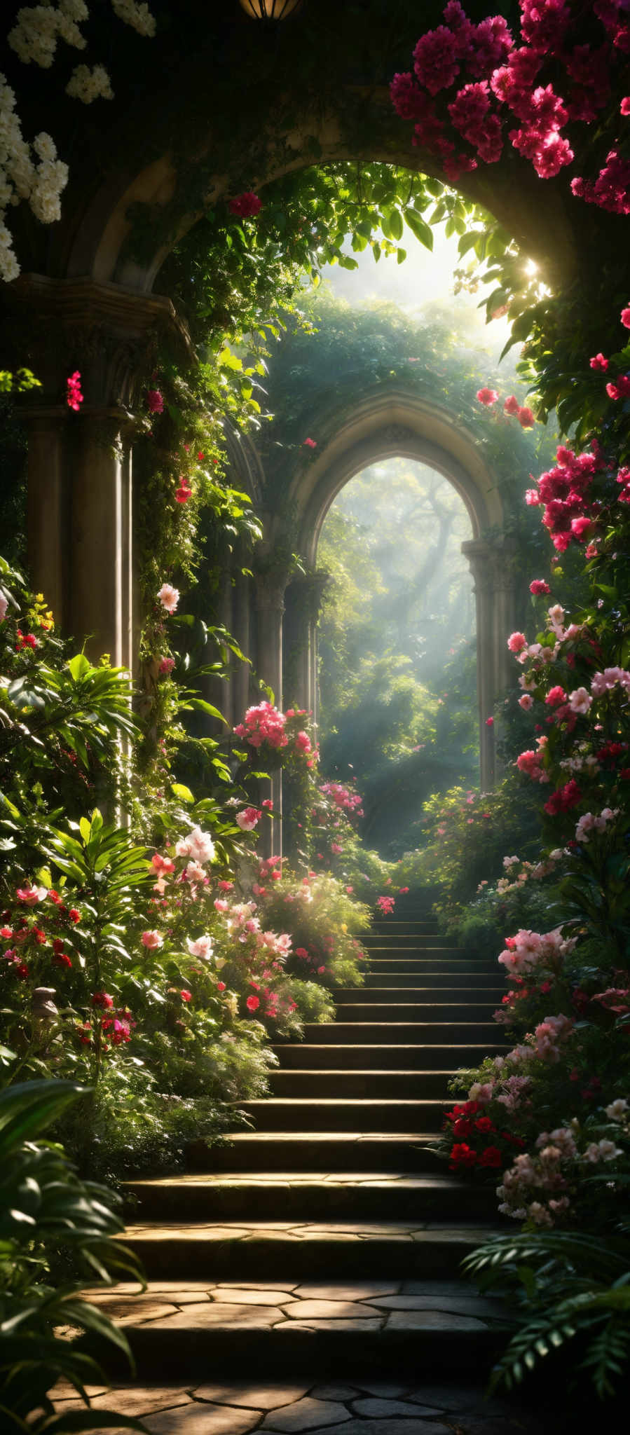 The image showcases a picturesque scene of a garden or courtyard. Dominating the scene are vibrant flowers in shades of pink, white, and red. The flowers are densely packed, creating a canopy that arches over a stone staircase. The staircases are made of large, weathered stone slabs, leading upwards to an arched passageway. The archway is slightly ajar, allowing a soft, diffused light to filter through, casting a gentle glow on the surrounding foliage. The overall ambiance is serene, with the lush greenery and blooming flowers creating a sense of tranquility and beauty.