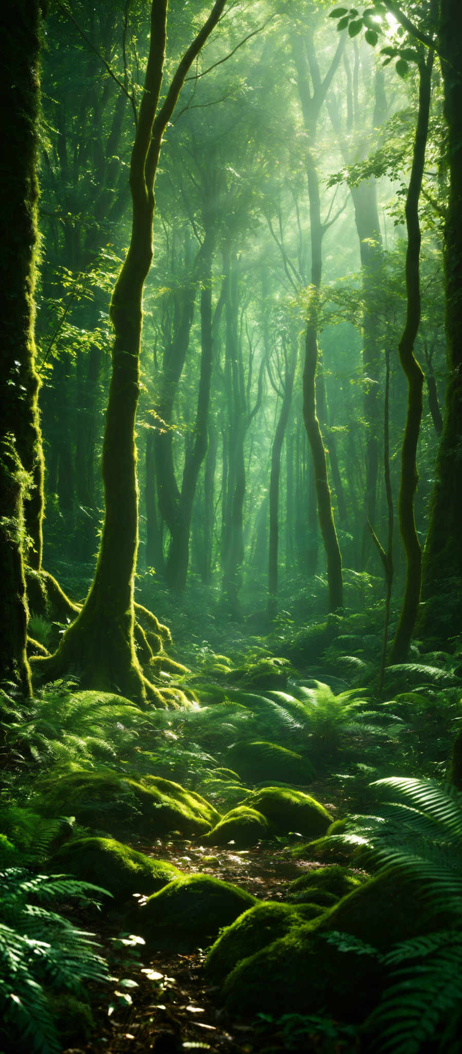 The image showcases a lush, verdant forest. The dominant colors are various shades of green, from the deep green of the moss-covered trees to the light green of ferns and leaves. The trees have a tall and slender shape, with their trunks covered in moss, giving them a greenish hue. The forest floor is carpeted with moss and fern, and there are scattered stones. Sunlight filters through the canopy, casting dappled light on the forest floor, creating a serene and mystical atmosphere.