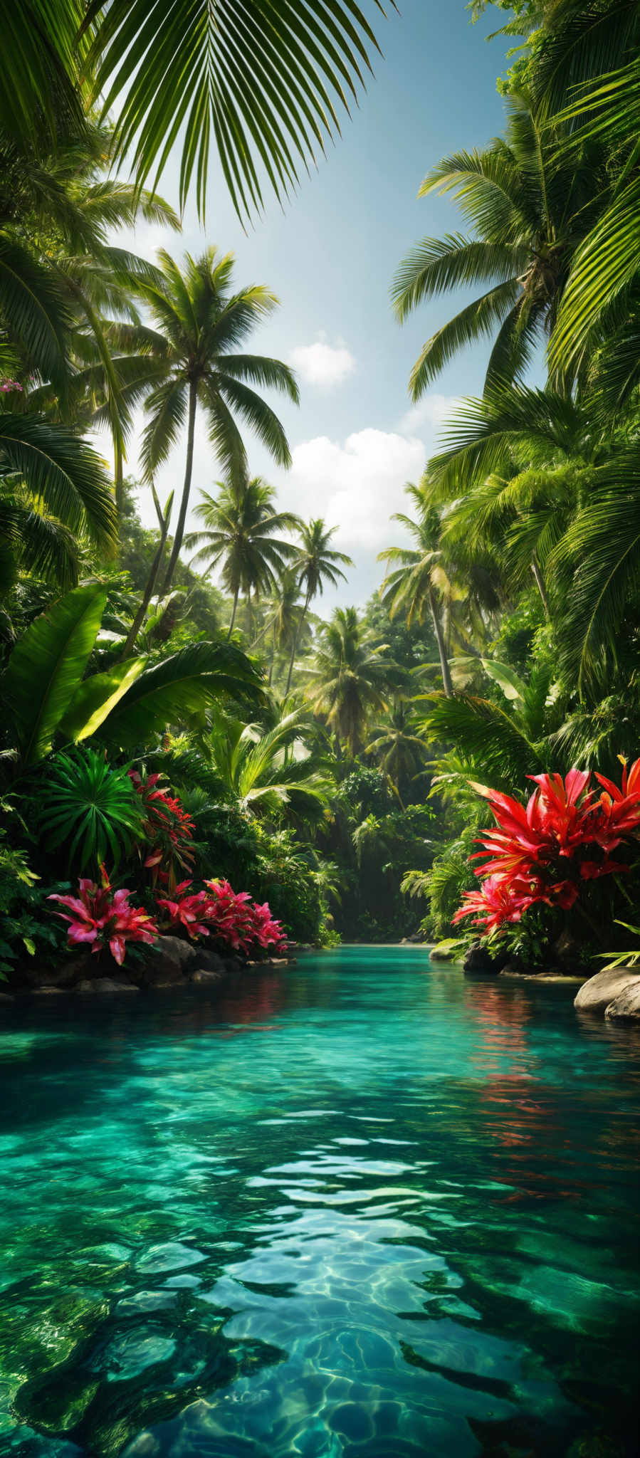 The image showcases a serene tropical setting. Dominating the foreground are vibrant red and pink flowers, contrasting beautifully with the lush green foliage. These flowers are positioned near a calm, clear blue water body, which reflects the surrounding greenery and the sky. Tall palm trees with their characteristic fronds stretch upwards, creating a canopy over the water. The sky is visible through the gaps in the trees, suggesting a bright and sunny day.