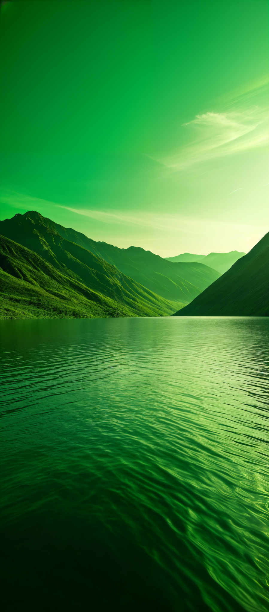 The image showcases a serene landscape with a vast body of water in the foreground reflecting the sky. The water has gentle ripples, suggesting a calm atmosphere. The background features rolling hills and mountains, covered in lush green vegetation. The sky above is a gradient of green, transitioning from a deeper shade at the top to a lighter hue near the horizon. There are also some wispy clouds present in the sky, adding to the tranquility of the scene.