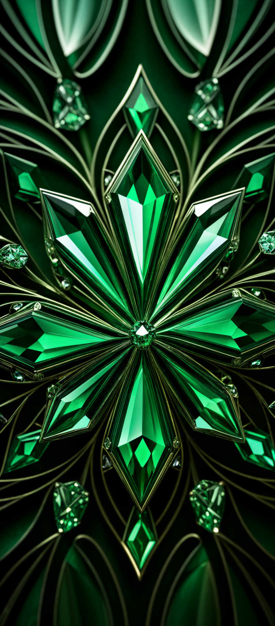 The image showcases a symmetrical design with predominantly green and gold hues. The central motif is a star-shaped gem, surrounded by smaller gems and intricate gold patterns. The background is dark, which accentuates the brightness and luminosity of the gems. The overall design appears to be a blend of art and jewelry, exuding a sense of luxury and elegance.