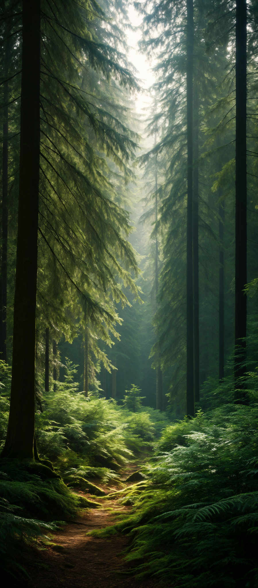 The image showcases a serene forest scene. The dominant colors are varying shades of green, representing the dense foliage of the trees and the undergrowth. The trees are tall and slender, with their trunks prominently visible. The forest floor is covered with lush green ferns and moss, creating a soft carpet-like appearance. A narrow dirt path meanders through the forest, leading the viewer's eye deeper into the scene. Sunlight filters through the canopy, casting dappled light on the forest floor and creating a mystical ambiance.