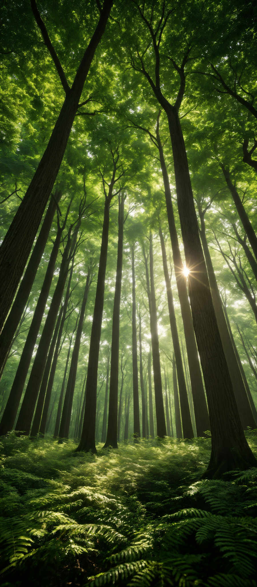 The image showcases a dense forest with tall, straight trees reaching upwards. The trees have a rich brown bark, and their canopies are covered in vibrant green leaves. The forest floor is carpeted with lush green ferns, creating a contrast with the dark tree trunks. Sunlight filters through the canopy, casting a soft glow and creating a play of light and shadow on the forest floor.