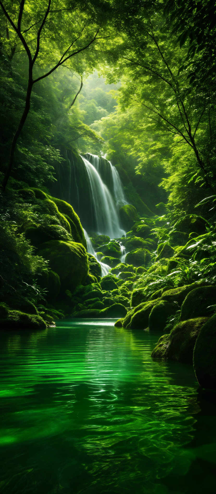 The image showcases a serene natural setting. Dominating the scene are vibrant shades of green, representing the dense foliage of trees and moss-covered rocks. The trees have a variety of shapes, with some having slender trunks and others branching out extensively. The waterfall cascades gracefully over mossy rocks, creating a soft white froth. The calm water below reflects the trees and the waterfall, adding depth to the scene. The overall ambiance is tranquil and untouched, evoking feelings of peace and connection with nature.