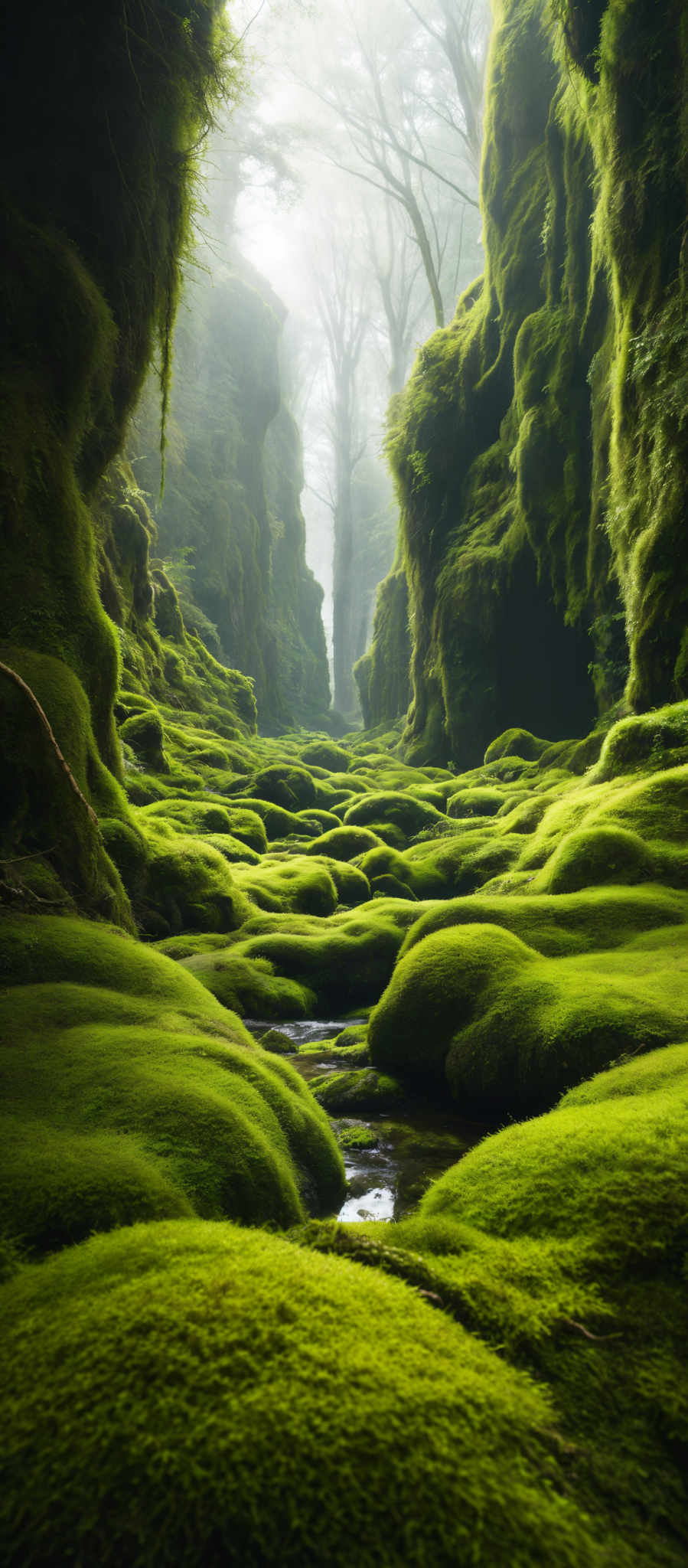 The image showcases a lush, verdant landscape. The dominant color is a vibrant shade of green, representing moss-covered rocks and ground. The rocks, appearing like large, rounded stones, are covered in thick moss, giving them a soft, cushioned appearance. The ground is carpeted with similar mossy patches, creating a pattern of green islands amidst a water stream. The water appears clear, allowing us to see small stones and pebbles beneath its surface. In the background, there's a misty ambiance with tall trees, their branches reaching out as if they're trying to touch the sky. The light filtering through the trees creates a serene and eth