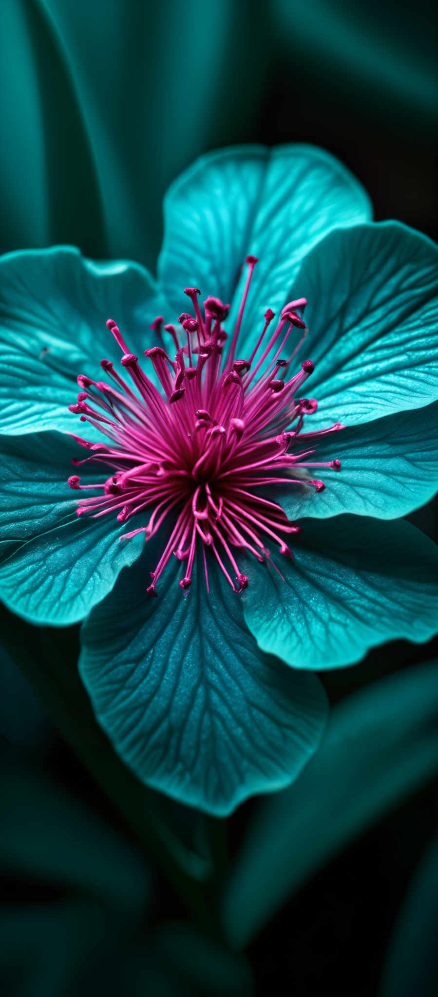 The image showcases a vibrant and detailed close-up of a flower. The flower has large, textured petals that are predominantly a deep shade of blue, with intricate vein patterns visible. The center of the flower is a burst of bright pink, consisting of numerous elongated filaments radiating outwards, resembling the anatomy of a starburst or a sunburst. The background is blurred, emphasizing the flower and giving it a sense of depth and isolation.