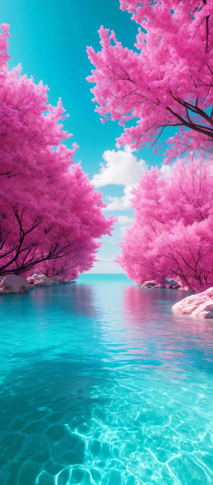 The image showcases a serene landscape with vibrant colors. Dominating the scene are large, pink-colored trees with intricate branches. These trees are situated on either side of a calm, clear blue lake. The water reflects the sky and the trees, creating a mirror-like effect. The sky is a bright blue with a few scattered white clouds. The overall ambiance of the image is tranquil and dreamy.