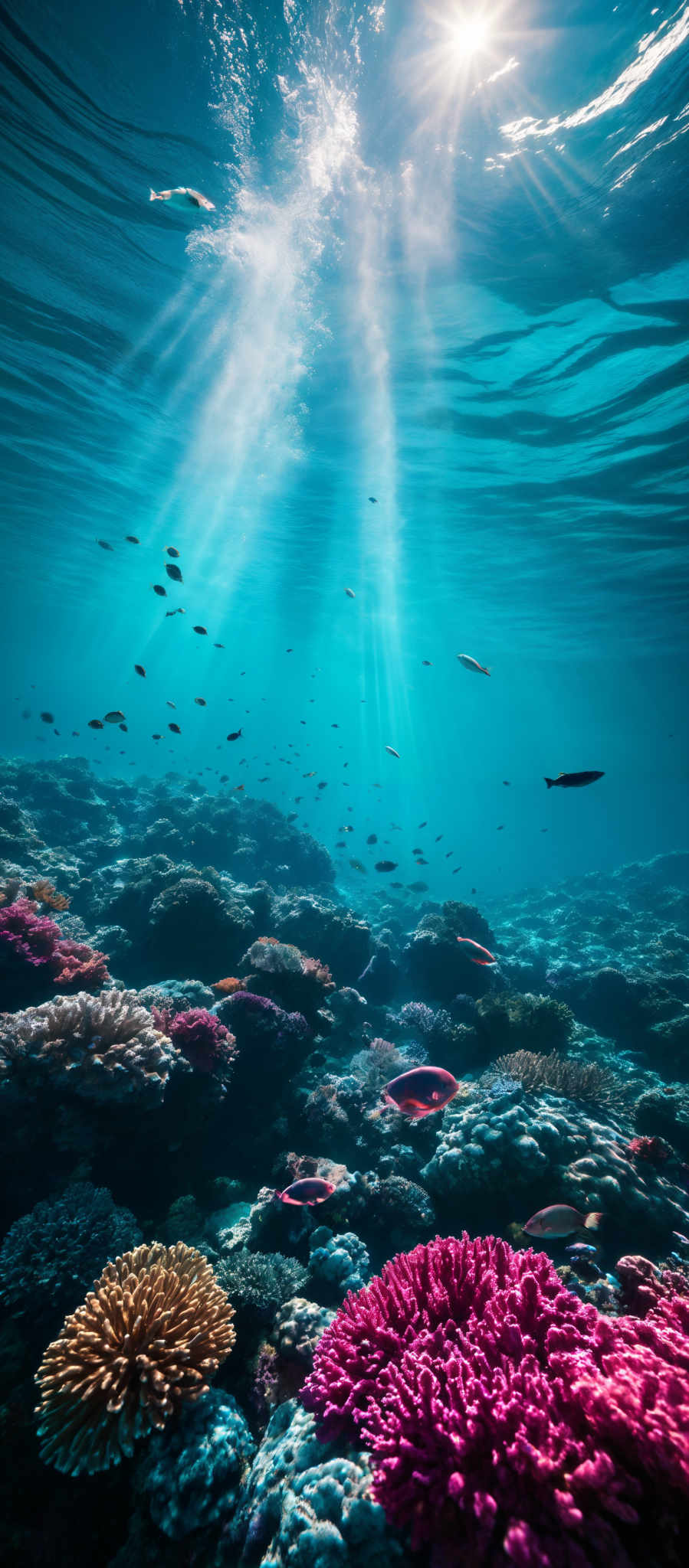 The image showcases an underwater scene with vibrant colors. The dominant colors are shades of blue, representing the water, and various hues of pink, yellow, and green from the coral formations. The corals are diverse in shape, with some resembling branching structures and others having more rounded forms. The fish are small and come in various colors, swimming freely in the water. Sunlight pierces through the water's surface, creating a beautiful play of light and shadow on the corals and the seabed.