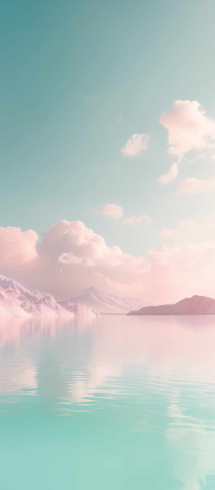 The image showcases a serene landscape with a vast body of water reflecting the sky above. The sky is painted in shades of blue and white, with fluffy white clouds scattered across. The water mirrors the sky, creating a symmetrical view. In the distance, there are snow-covered mountains with a hint of greenery on their lower slopes. The overall color palette is cool, with the blues and whites dominating the scene.