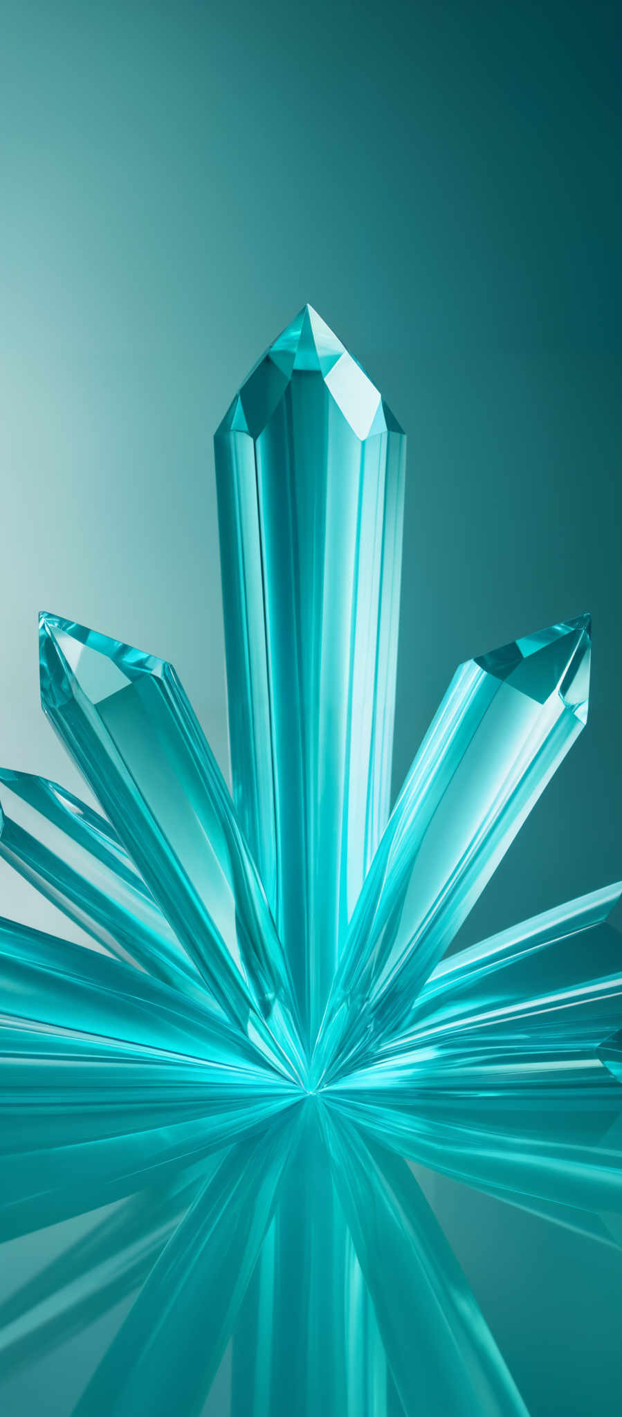 The image showcases a series of elongated, sharp crystals or shards that radiate outwards from a central point. They are predominantly turquoise in color, reflecting light in a way that emphasizes their facets and edges. The crystalline structures are sharp and angular, with each crystal having multiple facets that refract light in various directions. The background is a gradient of teal, which complements the color of the crystalls and adds depth to the image, making the crystal structures stand out prominently.