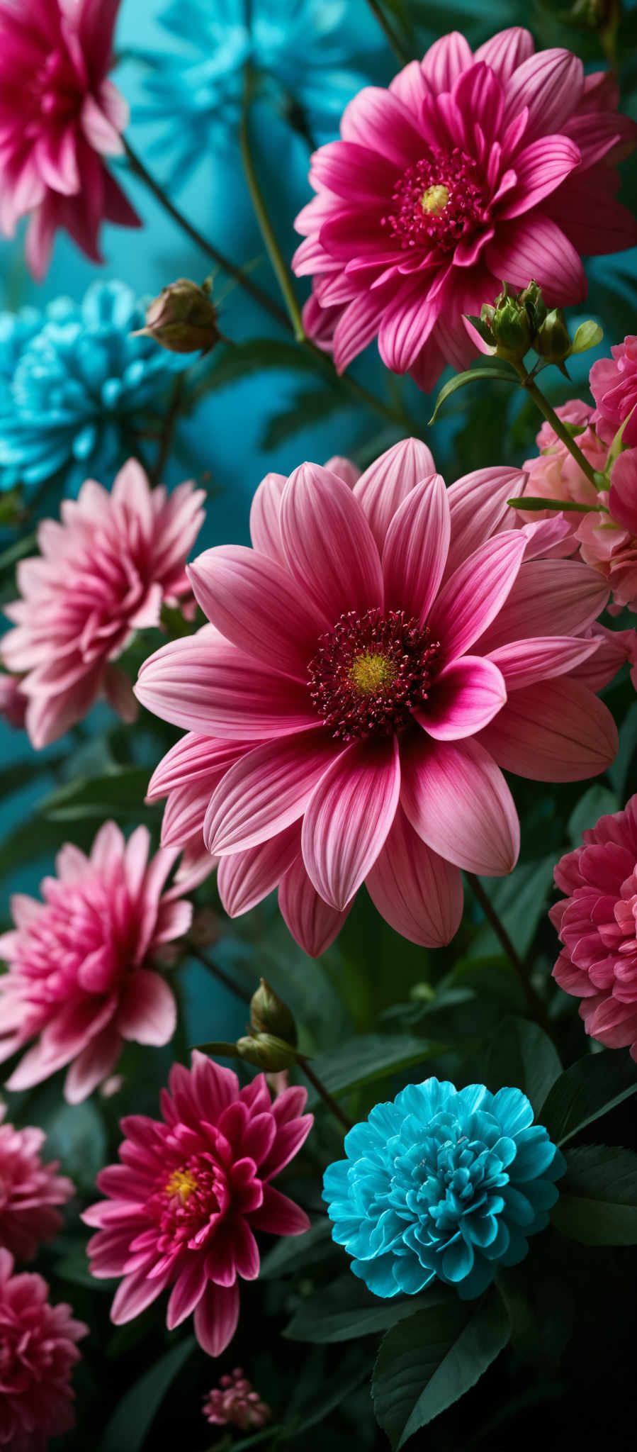 The image showcases a vibrant array of flowers. The dominant colors are shades of pink and blue. The flowers have a broad petal structure, with layered petals that radiate outwards. The center of each flower is a mix of yellow and brown, with intricate details that suggest a combination of stamens and petals. The background is a blurred mix of green, hinting at the foliage surrounding the flowers.