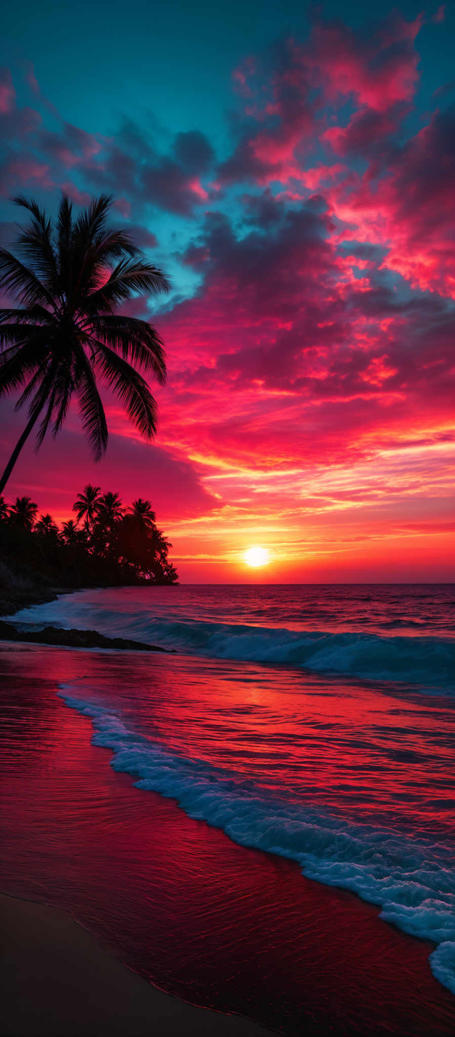 The image showcases a breathtaking sunset over a beach. The sky is painted with a myriad of colors, ranging from deep blues to fiery oranges and reds. The sun is nearing the horizon, casting a golden hue over the ocean. Waves gently crash onto the shore, reflecting the vibrant colors of the sky. In the foreground, there's a silhouette of a palm tree leaning over the water, adding to the serene ambiance of the scene.