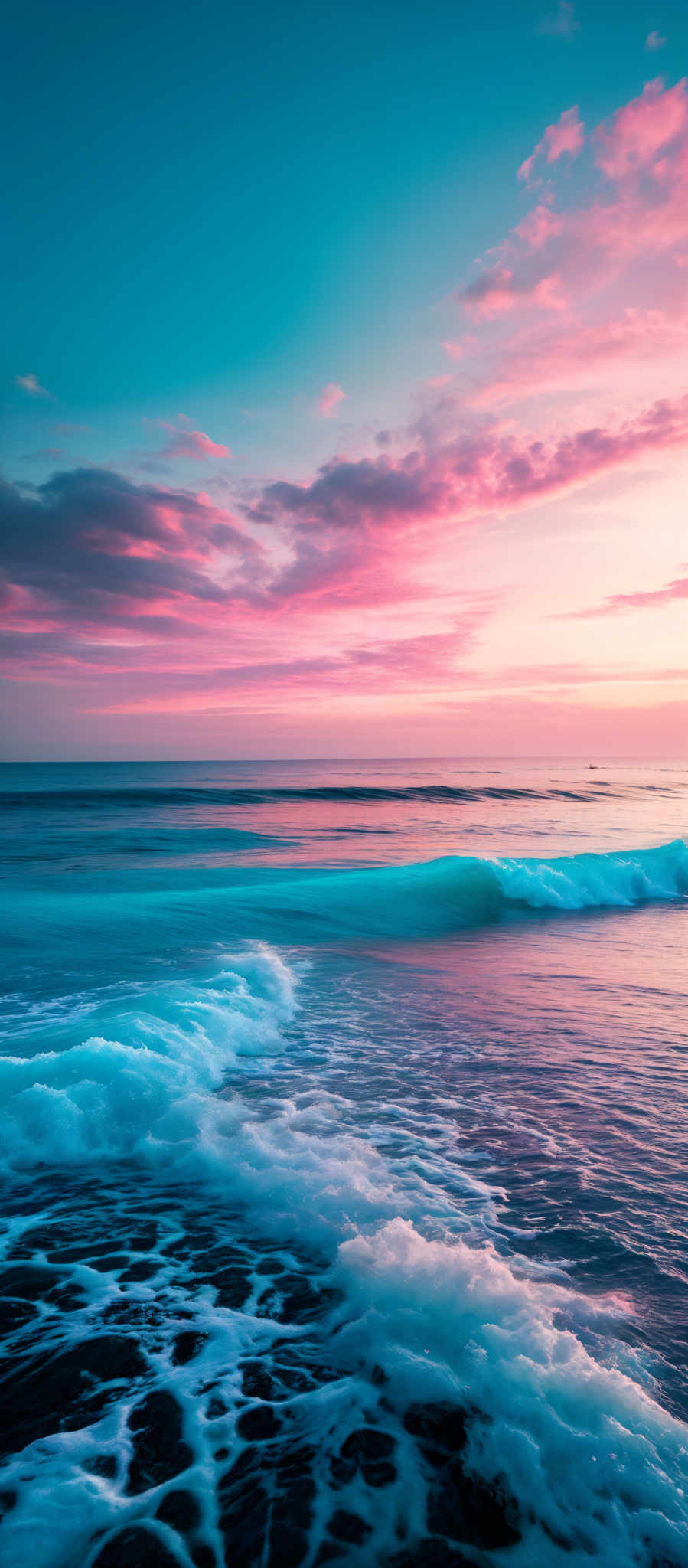 The image showcases a vibrant seascape during what appears to be either dawn or dusk. The sky is painted with hues of pink, purple, and blue, with the clouds reflecting these colors. The horizon shows a subtle gradient from the deep blue of the ocean to the lighter blue of sky. The waves crash onto the shore, creating white foam and patterns on the dark sandy beach. The water's reflection mirrors the colors of the sky, adding depth and symmetry to the scene.