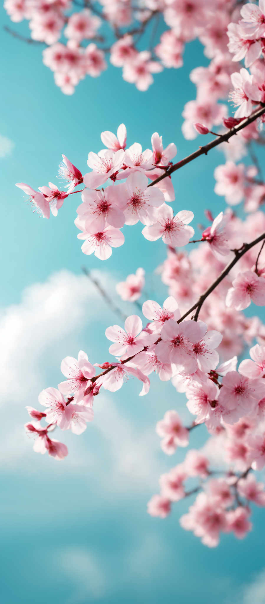 The image showcases a vibrant display of pink cherry blossoms against a clear blue sky. The cherry trees have slender branches, and each blossom is round with a delicate center filled with tiny stamens. The sky is a deep shade of blue, with a few wispy clouds, providing a serene backdrop to the cherry blooms.