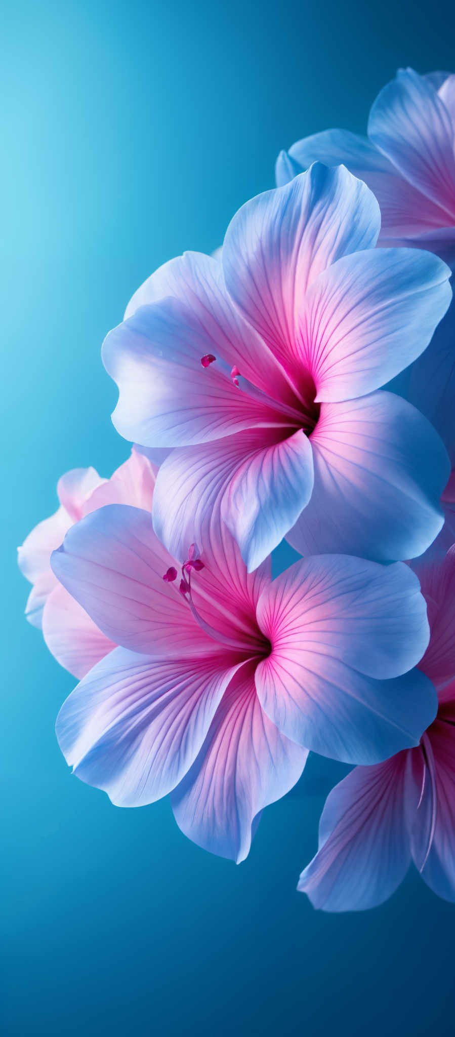 The image showcases a close-up of vibrant, multi-layered flowers. The flowers have a soft pinkish-purple hue with intricate details of their petals. The center of the flowers is a deep pink with a hint of red, and there are long, slender stamen protruding from the center. The background is a gradient of blue, which contrasts beautifully with the flowers, making them stand out.