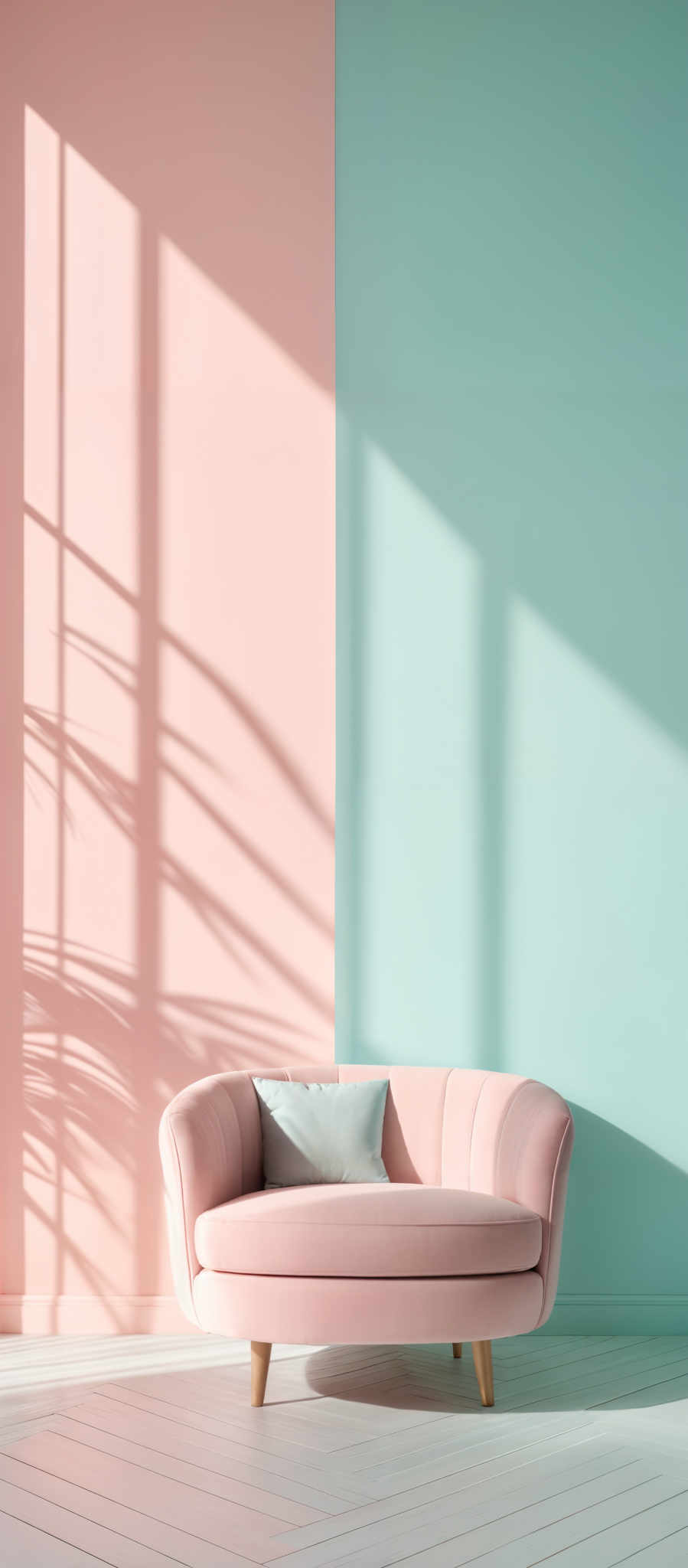 The image showcases a room with two distinct walls. The left wall is painted in a soft pink hue, while the right wall is in a light turquoise. The room has a large window, casting a shadow of what appears to be a plant or tree onto the pink wall. In the foreground, there's a pastel pink, modern-style sofa with wooden legs. The sofa has a single cushion placed on it. The floor is white with a herringbone pattern.