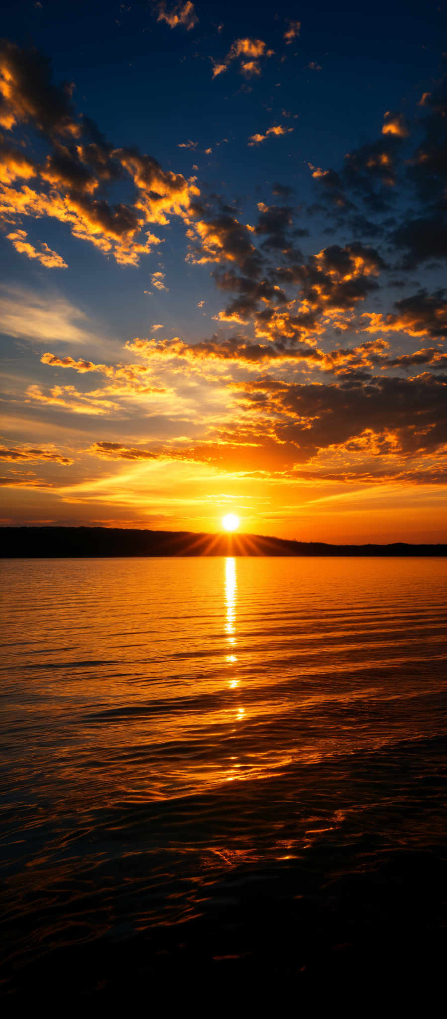 The image showcases a breathtaking sunset over a calm body of water. The sky is painted with a myriad of colors, ranging from deep blues to fiery oranges and golds. The sun, positioned near the horizon, emits a brilliant golden light that reflects off the water, creating a shimmering path of light. The clouds in the sky are scattered, with some taking on a golden hue from the sun's reflection, while others remain in deeper shades of blue. The water below mirrors the sky's colors, with gentle ripples reflecting the sunset's brilliance.