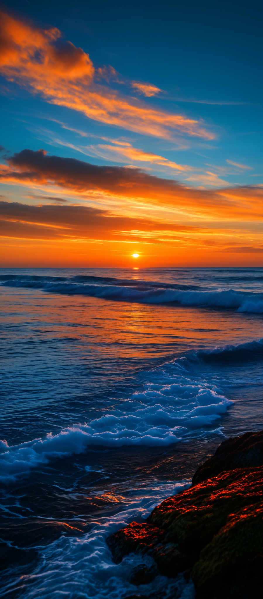 The image showcases a breathtaking sunset over the ocean. The sky is painted with hues of orange, yellow, and blue, with streaks of clouds reflecting the sun's glow. The sun itself is a bright, fiery orb, casting a golden reflection on the water below. Waves gently crash onto the shore, their white foam contrasting with the darker waters. In the foreground, there are rocky formations covered in moss or algae, which are illuminated by the setting sun, giving them a warm, reddish-orange hue.