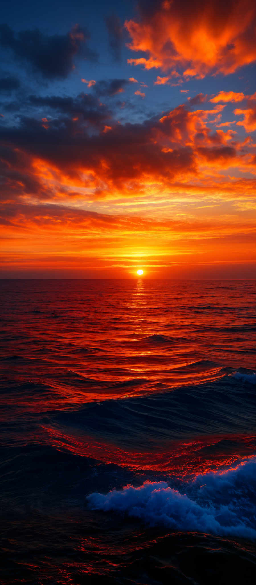 The image showcases a breathtaking sunset over the ocean. The sky is painted with a myriad of colors, ranging from deep blues to fiery oranges and reds. The sun, positioned near the horizon, emits a brilliant golden hue, casting a warm glow over the water. The ocean waves are captured in motion, with their white foamy crests contrasting against the darker, deeper parts of the water, reflecting the colors of the sky. The clouds in the sky are scattered, with some appearing dark and others illuminated by the sun's rays, adding depth and dimension to the scene.