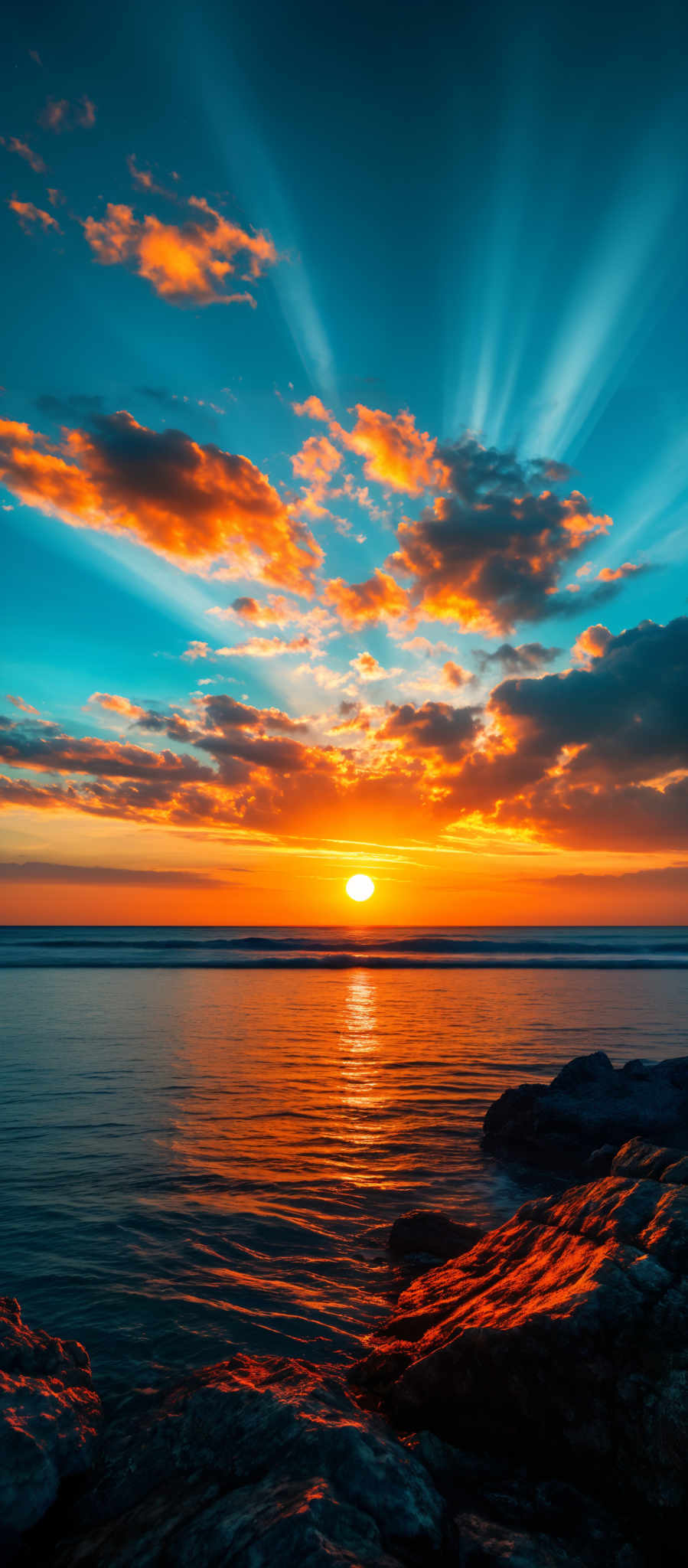 The image showcases a breathtaking sunset over a calm sea. The sky is painted with a myriad of colors, ranging from deep blues to fiery oranges and reds. The sun, nearing the horizon, emits a brilliant golden hue that reflects upon the water below. The clouds are scattered, with some appearing as fluffy white masses and others taking on a fiery orange-red tint, likely illuminated by the setting sun. In the foreground, there are large, rugged rocks that are wet, possibly from the waves, and they are silhouetted against the vibrant backdrop of the sky.