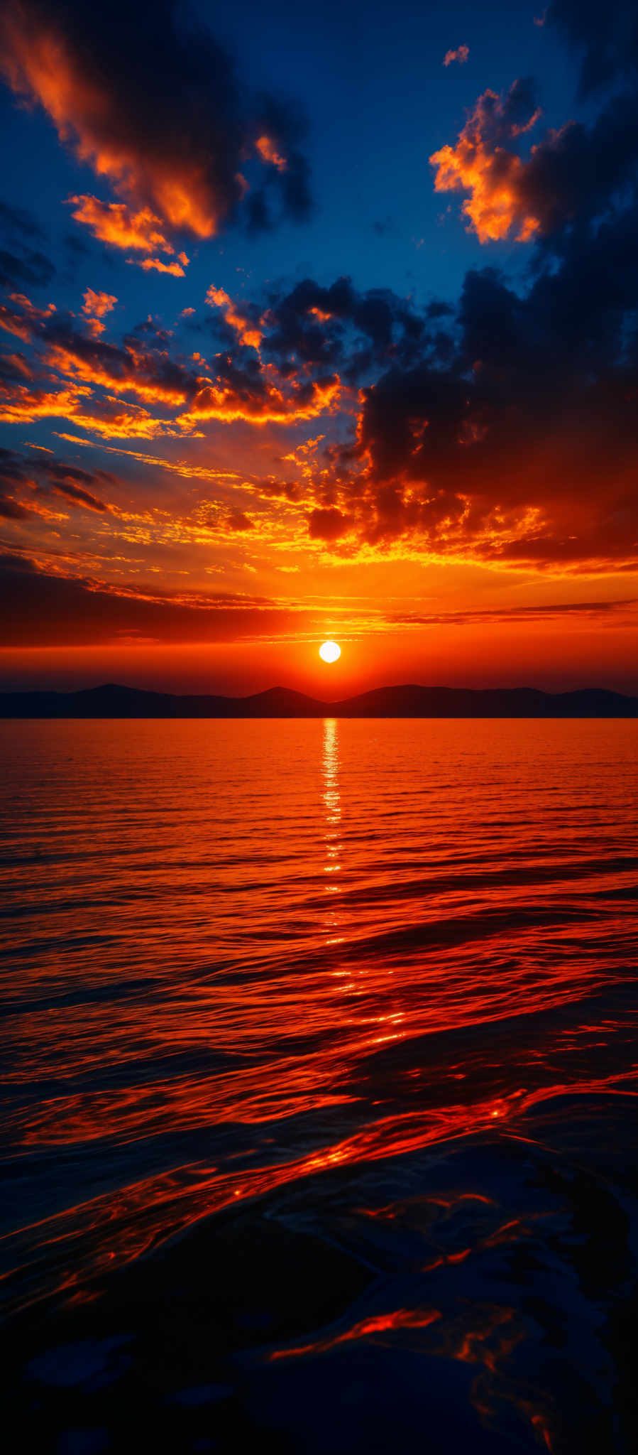 The image showcases a breathtaking sunset over a calm body of water. The sky is painted with a myriad of colors, ranging from deep blues to fiery oranges and reds. The sun, positioned near the horizon, emits a brilliant golden hue that reflects upon the water's surface. The clouds are scattered across the sky, with some appearing dark and dense while others are illuminated by the setting sun, showcasing a gradient of colors. The water below mirrors the sky's colors, with gentle ripples creating a shimmering effect. In the distance, silhouettes of land or islands can be seen.