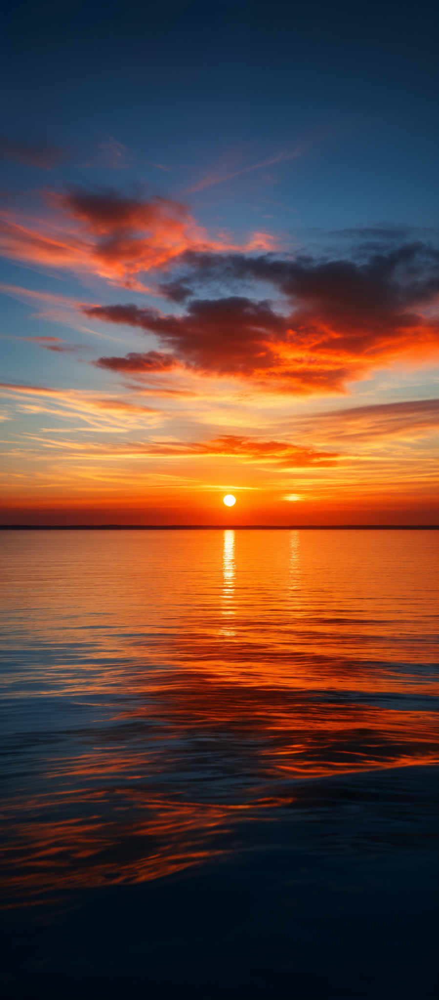 The image showcases a breathtaking sunset over a calm body of water. The sky is painted with a myriad of colors, ranging from deep blues at the top to fiery oranges and reds near the horizon. The sun is captured just above the waterline, casting a brilliant reflection on the water's surface. The clouds are scattered, with some appearing wispy and others more dense, adding depth and texture to the sky. The overall ambiance of the image is serene and tranquil, evoking feelings of peace and wonder.