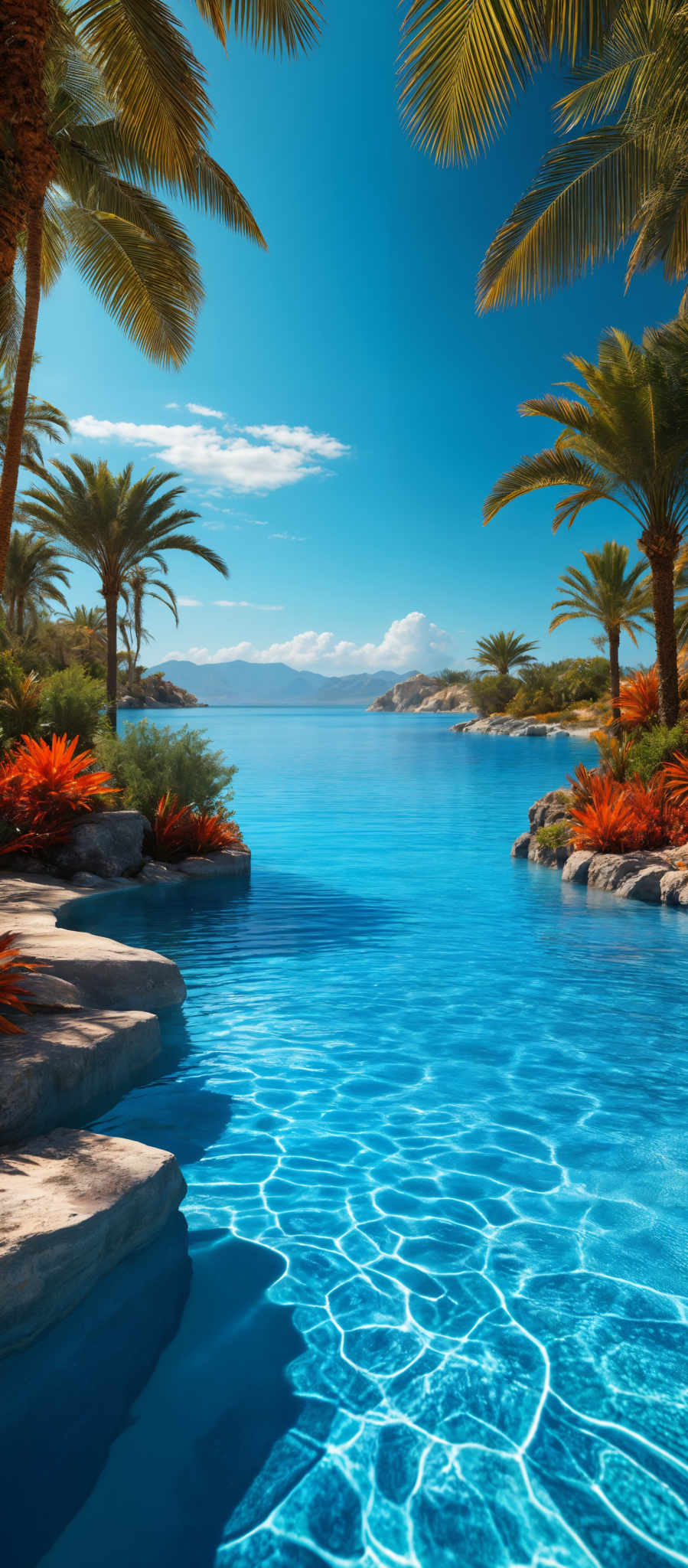 The image showcases a serene tropical landscape. Dominating the foreground are tall palm trees with their fronds swaying in the breeze. The water in the pool is a vibrant shade of turquoise, reflecting the clear blue sky above. The pool's edges are adorned with large, smooth stones. On the far side of the pool, there's a view of a calm sea or lake, with distant mountains on the horizon. The overall color palette is a mix of blues, greens, and earthy tones, creating a tranquil and idyllic atmosphere.