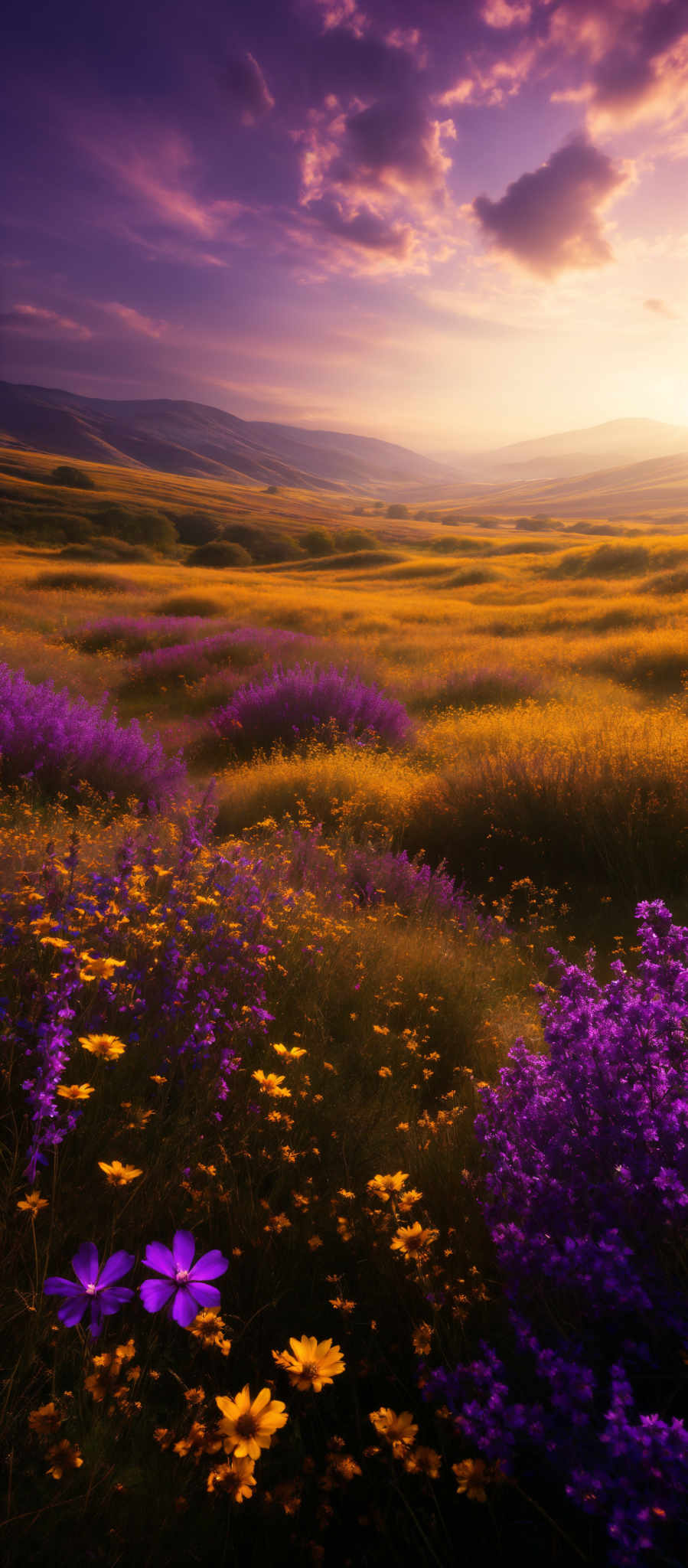 The image showcases a breathtaking landscape during what appears to be either dawn or dusk. The sky is painted with hues of purple, pink, and gold, with scattered clouds reflecting the sunlight. Below, a vast expanse of rolling hills is covered in fields of vibrant yellow and purple flowers. The flowers are densely packed in some areas, while others allow for patches of green grass to peek through. The overall ambiance of the image is serene and dreamy, evoking feelings of tranquility and wonder.