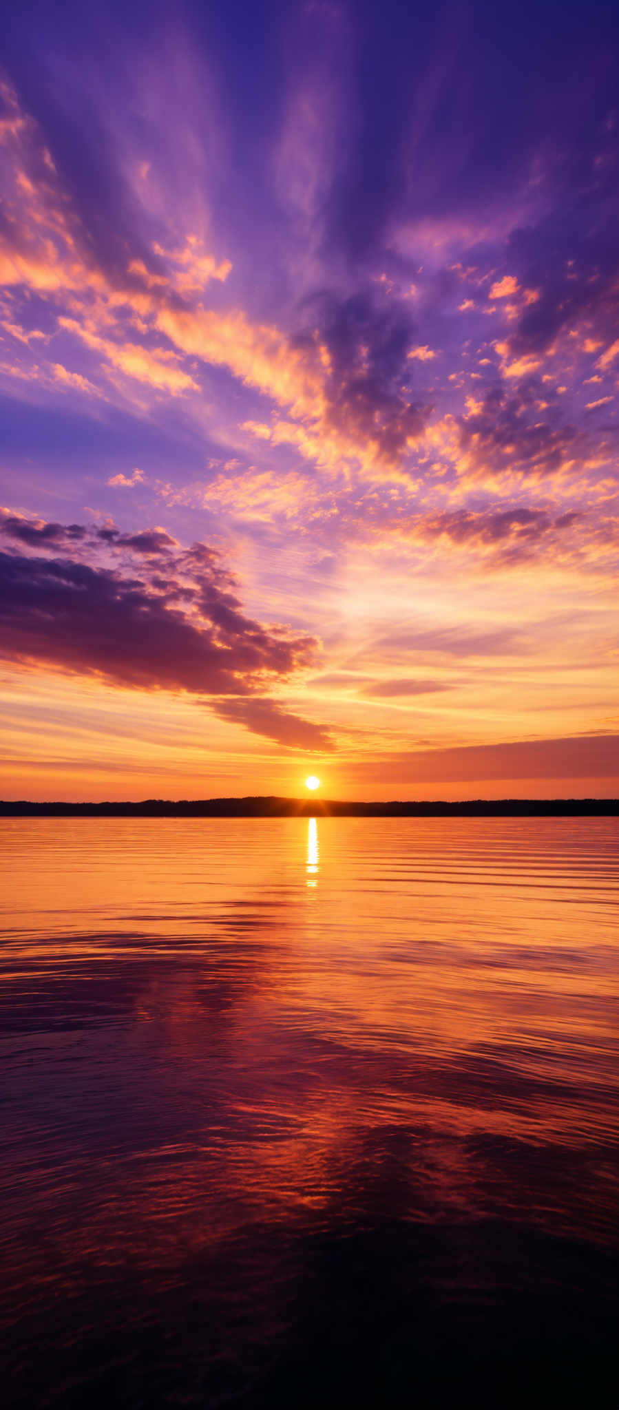 The image showcases a breathtaking sunset over a calm body of water. The sky is painted with a myriad of colors, ranging from deep purples and blues at the top to fiery oranges and yellows near the horizon. The sun is positioned just above the waterline, casting a golden hue across the water's surface. The clouds are scattered across the sky, reflecting the sun's colors, and they appear to be in a mix of wispy and fluffy shapes.