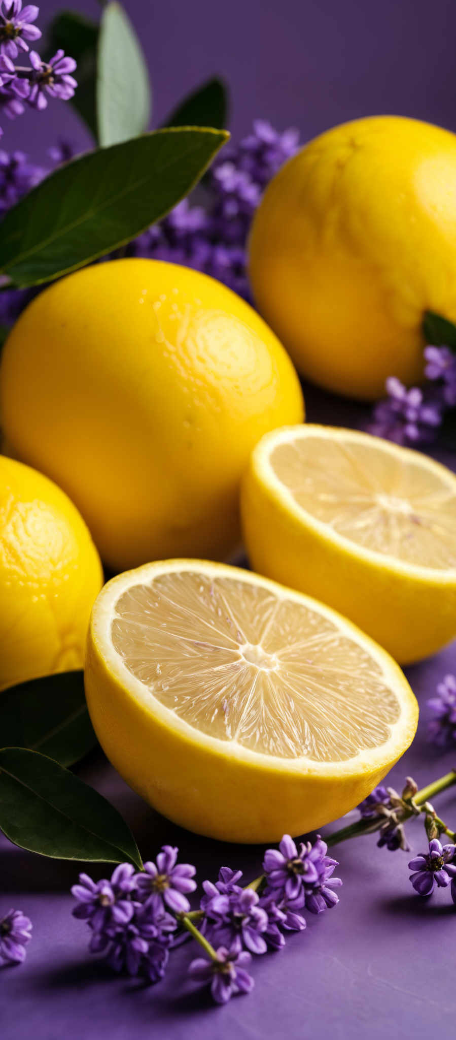 The image showcases vibrant yellow lemons, some of which are whole and others are sliced open to reveal their translucent flesh. The lemons are surrounded by lush green leaves and delicate purple flowers. The background is a deep shade of purple, which contrasts beautifully with the bright yellow of the lemons and the vivid purple of the flowers.