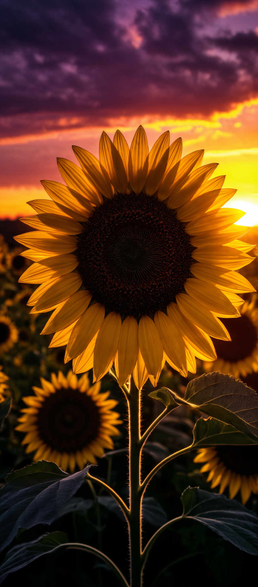 The image showcases a vibrant sunflower in the foreground, with its large, round, golden-yellow petals radiating outwards. The sunflowers' dark brown center is visible, and it appears to be backlit by the setting sun, creating a silhouette effect. The background is dominated by a breathtaking sunset, with hues of purple, orange, and gold blending together. Dark clouds are scattered across the sky, adding depth and contrast to the scene.