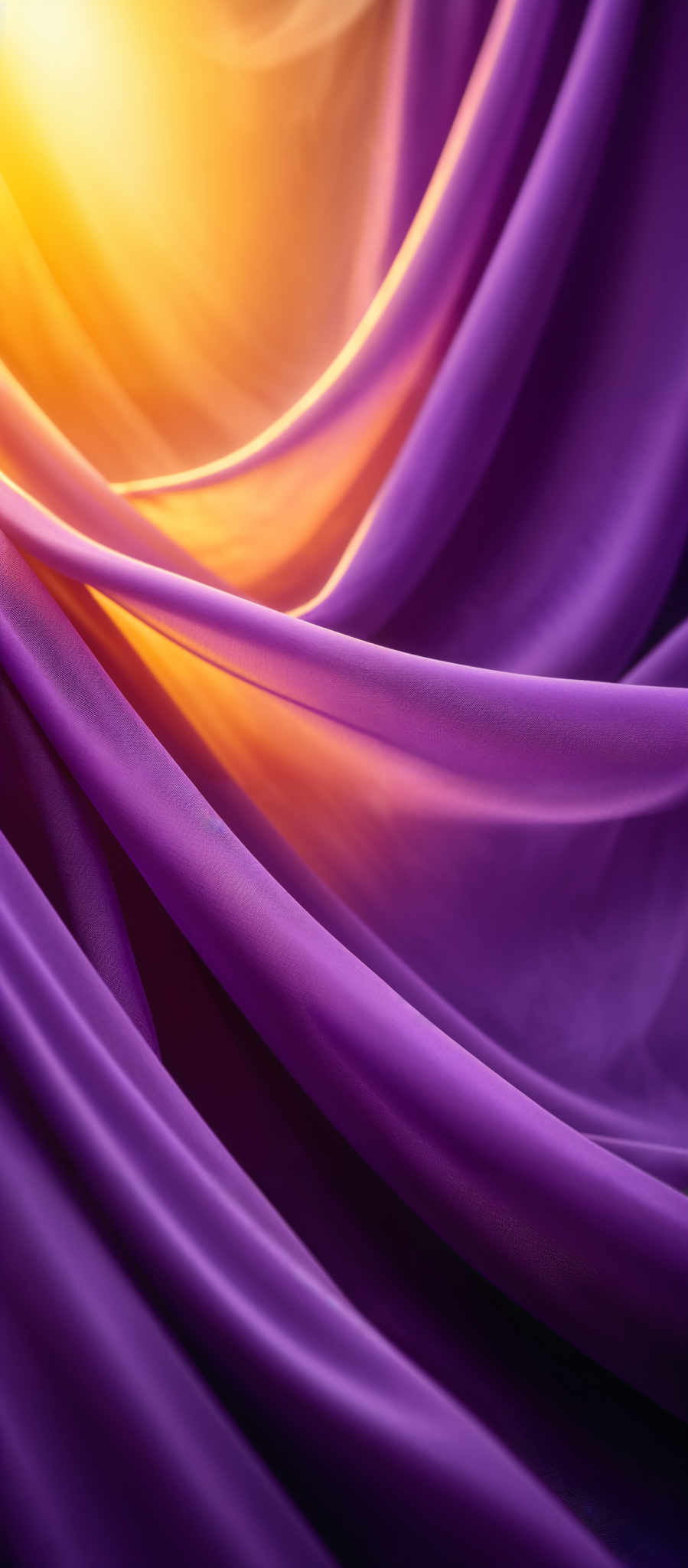 The image showcases a vibrant interplay of colors. Dominantly, there are shades of purple and gold. The purple appears soft and flowing, reminiscent of silk or a draped fabric, while the gold provides a warm, radiant contrast. The shapes are predominantly curved and wavy, creating a sense of movement and fluidity. The overall composition evokes feelings of elegance and luxury.