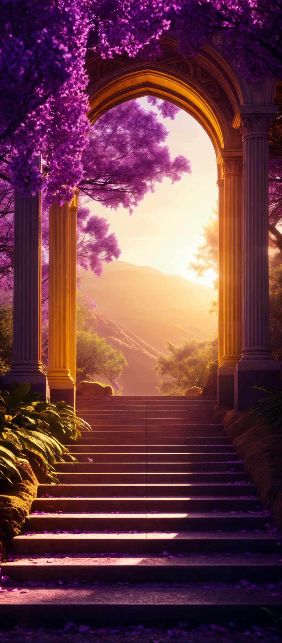 The image showcases a serene and picturesque scene. The dominant colors are shades of purple, from the blossoming trees, and golden hues from the sunlight. The scene features a grand, ornate archway made of stone, with intricate carvings on its pillars. The archway frames a beautiful view of a sunset or sunrise over a distant mountain range. In front of the archway, there's a staircase made of concrete steps, leading up to the viewpoint. The steps are adorned with fallen petals, possibly from the purple trees, adding to the ethereal ambiance. The foreground has lush green foliage, including large