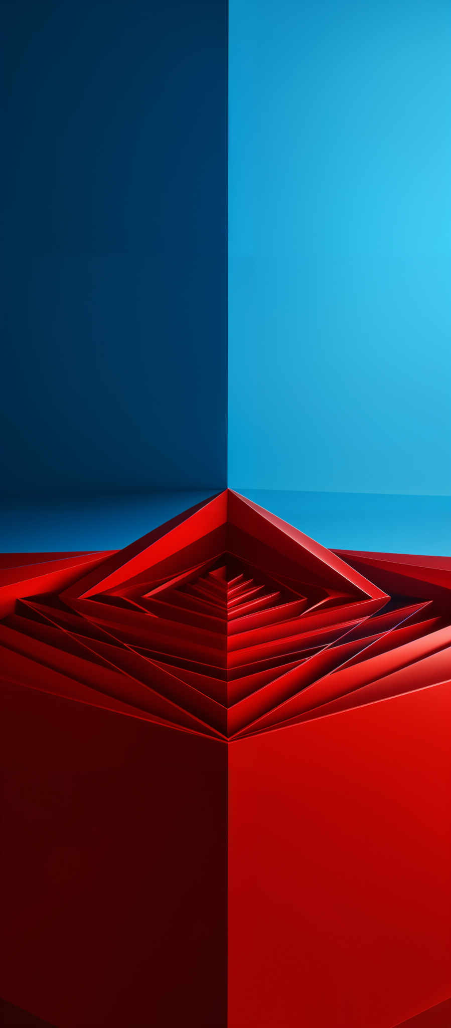 The image showcases a vibrant and geometric design. It features two distinct colors: a deep blue on the left and a bright red on the right. The red section has a series of concentric, layered rectangular shapes that appear to be spiraling inwards, creating a sense of depth and dimension. The blue section is smooth and plain, providing a stark contrast to the intricate design of the red section.