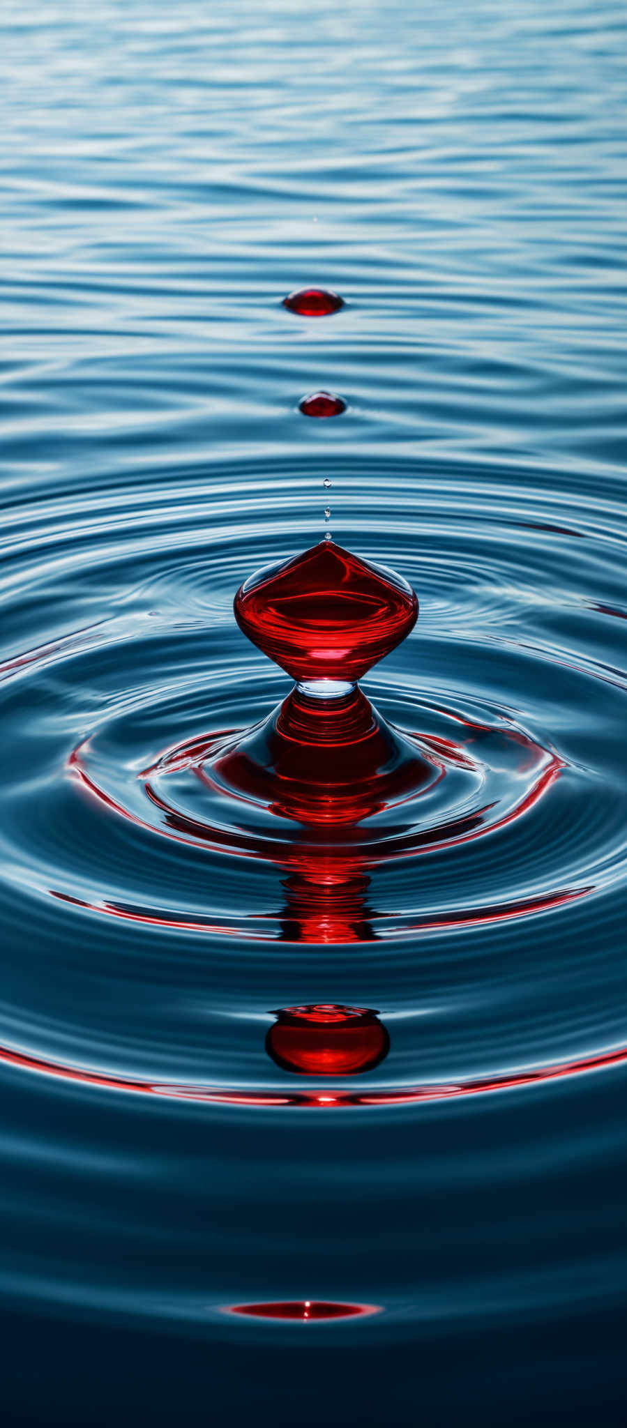 The image showcases a vibrant scene of a red liquid, possibly water, creating ripples on a calm body of water. The central focus is a red droplet that has just impacted the water, causing concentric circles of ripple patterns. Above this central droplett, there are two smaller droplets, one larger than the other, both suspended in mid-air, seemingly about to fall. The overall color palette is dominated by deep blues and rich reds, with the red drops glowing and reflecting light, creating a striking contrast against the darker blue background.