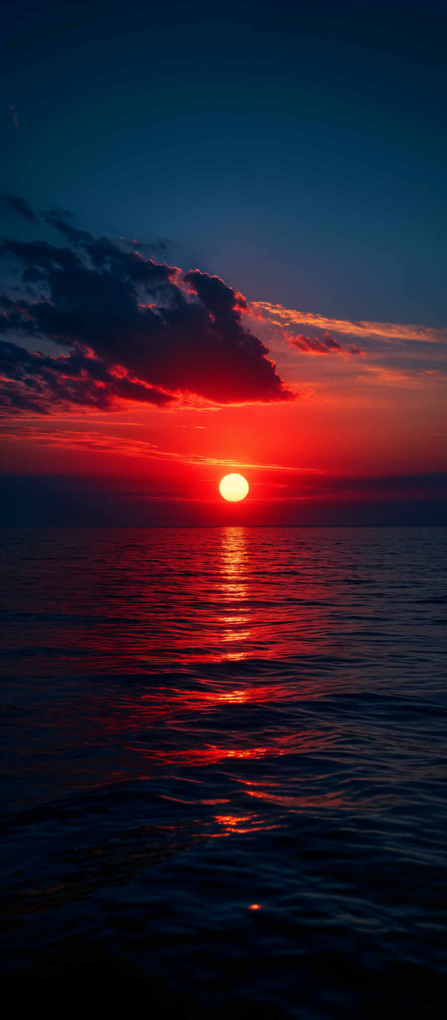 The image showcases a breathtaking sunset over a calm sea. The sky is painted with hues of deep blue transitioning to fiery orange and red near the horizon. The sun is captured just above the water, casting a brilliant golden reflection on the water's surface. Dark, fluffy clouds are scattered across the sky, adding depth and contrast to the scene. The calm sea reflects the colors of the sky and the sun, creating a serene and mesmerizing atmosphere.