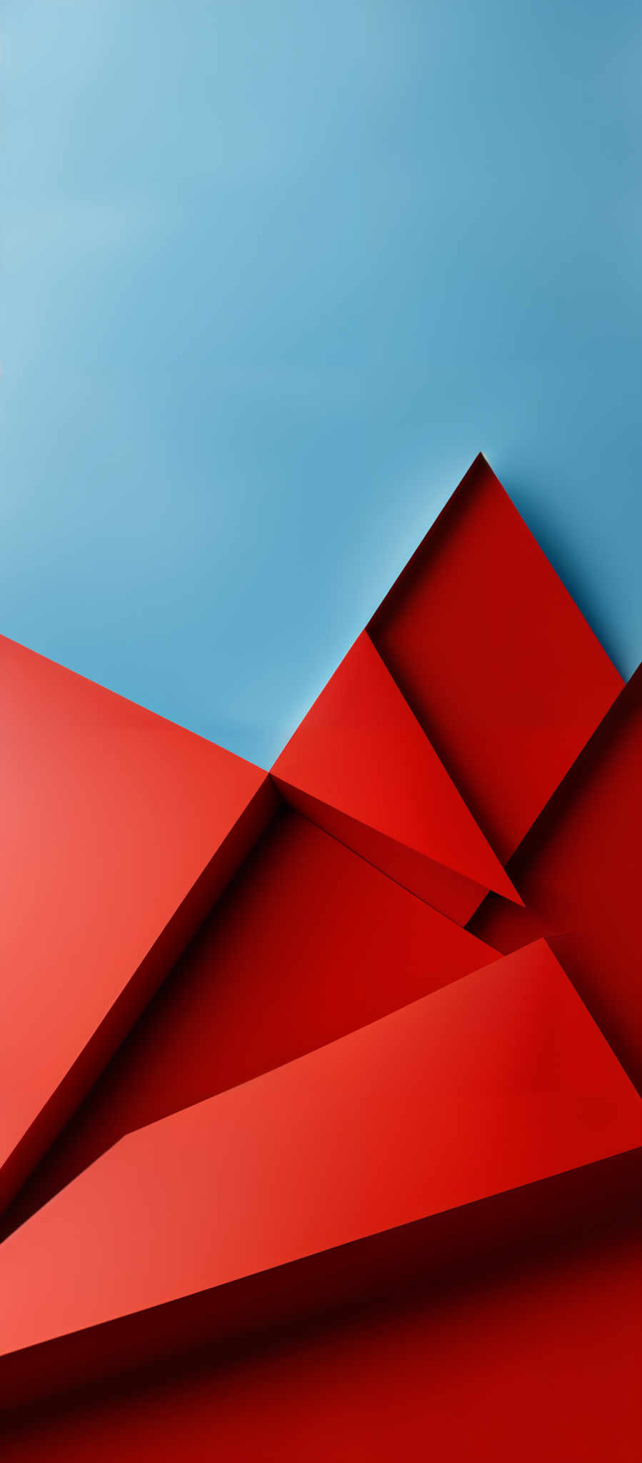 The image showcases a vibrant and modern design. It predominantly features two colors: a deep shade of red and a soft blue. The design consists of geometric shapes, specifically triangular and rectangular forms, that overlap and intersect in a dynamic fashion. The red shapes appear to be in a 3D, layered style, giving them a sense of depth and dimension. The blue background provides a calm contrast to the fiery red, creating a visually appealing juxtaposition.