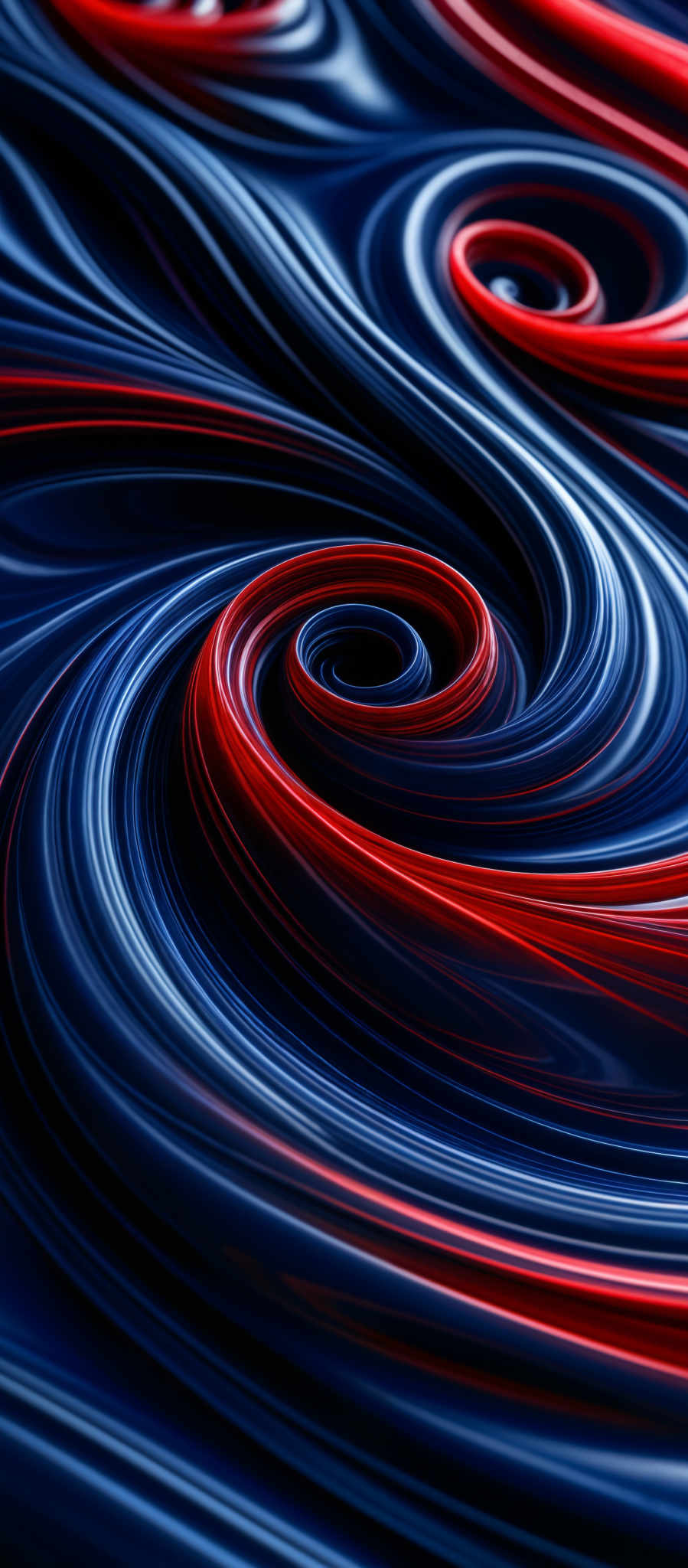 The image showcases a vibrant and intricate design with swirling patterns. The dominant colors are deep blue and fiery red. The swirls are fluid and wavy, creating a mesmerizing effect. The patterns seem to be intertwined, giving a sense of depth and movement.