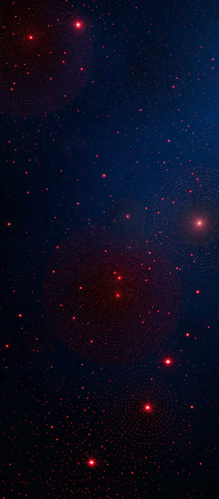 The image predominantly features a deep blue background with numerous small, bright red dots scattered throughout. These dots appear to be stars or celestial bodies. Overlaying the background are intricate, concentric circles made up of even smaller red dotted patterns. These circles give the impression of being spherical orbs or celesteial objects. The overall ambiance of the image is reminiscent of a starry night sky or a cosmic scene.