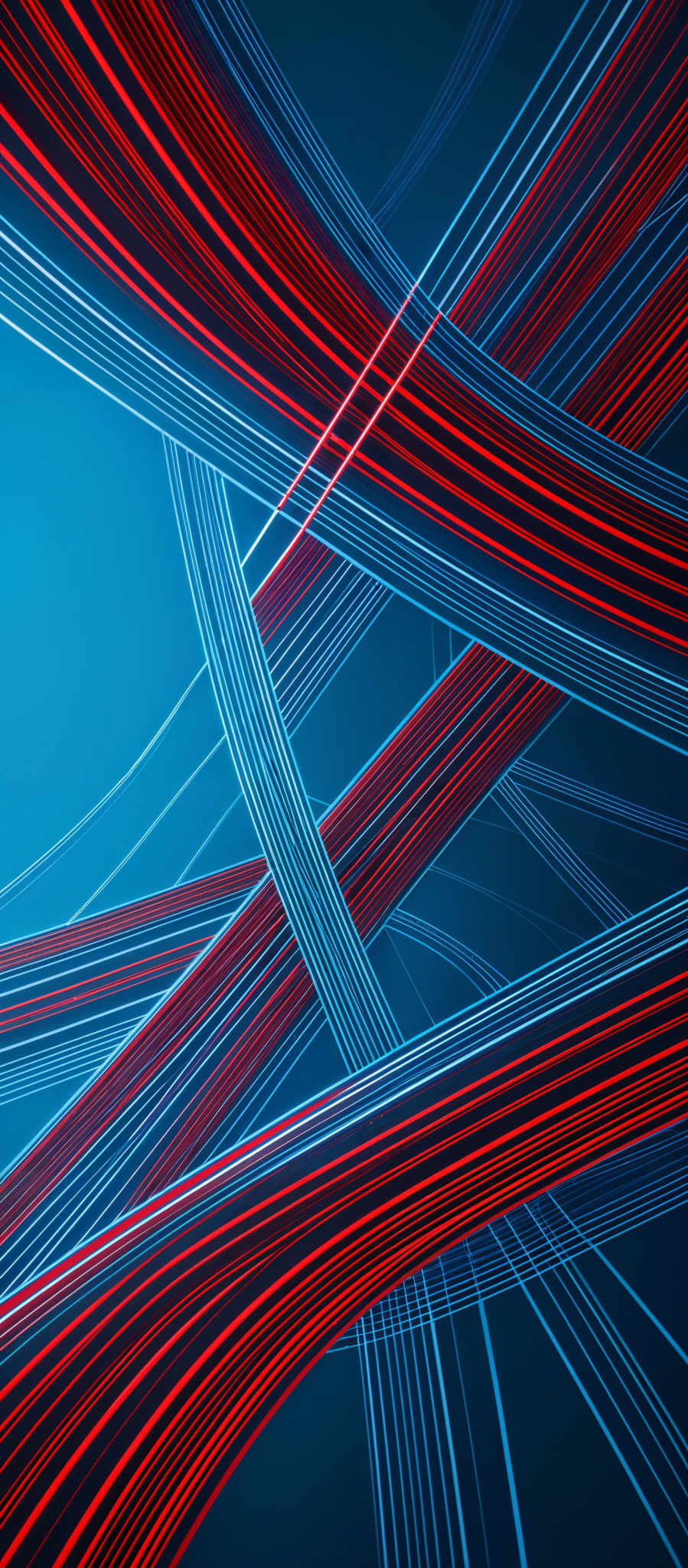 The image showcases a vibrant and dynamic abstract design. It predominantly features intersecting lines and curves in a deep blue background. The lines are colored in a gradient of red, transitioning from a bright neon red to a deeper shade. The intersections of these lines create a complex web of overlapping patterns, giving the image a sense of movement and energy.